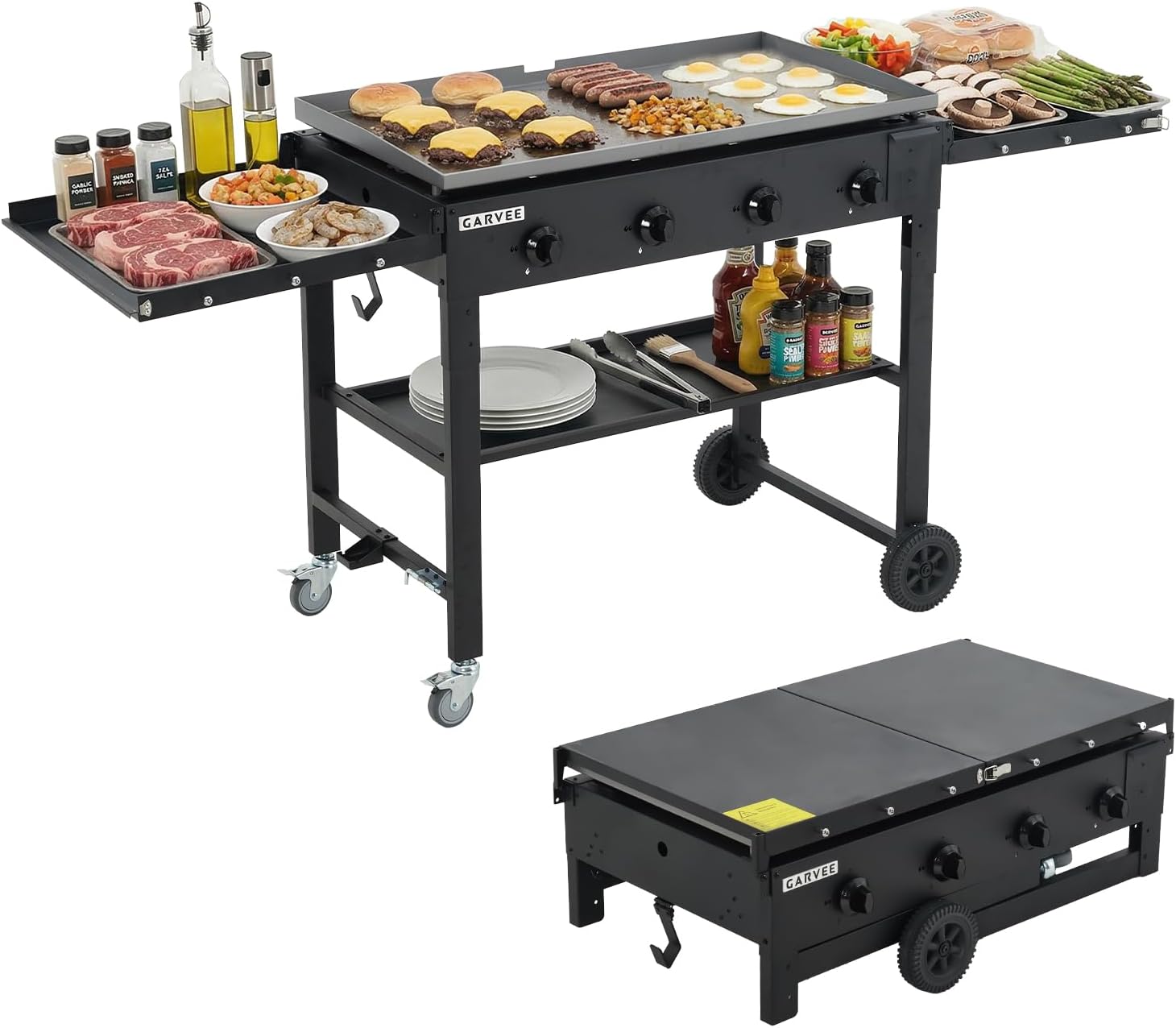 Garvee 36" Flat Top Grill, 4-Burner Propane Gas Griddle Grill with Wheels & Foldable Side Shelves, Portable Outdoor Griddle, 60,000BTU Flattop Grills for Camping BBQ, Outdoor Cooking