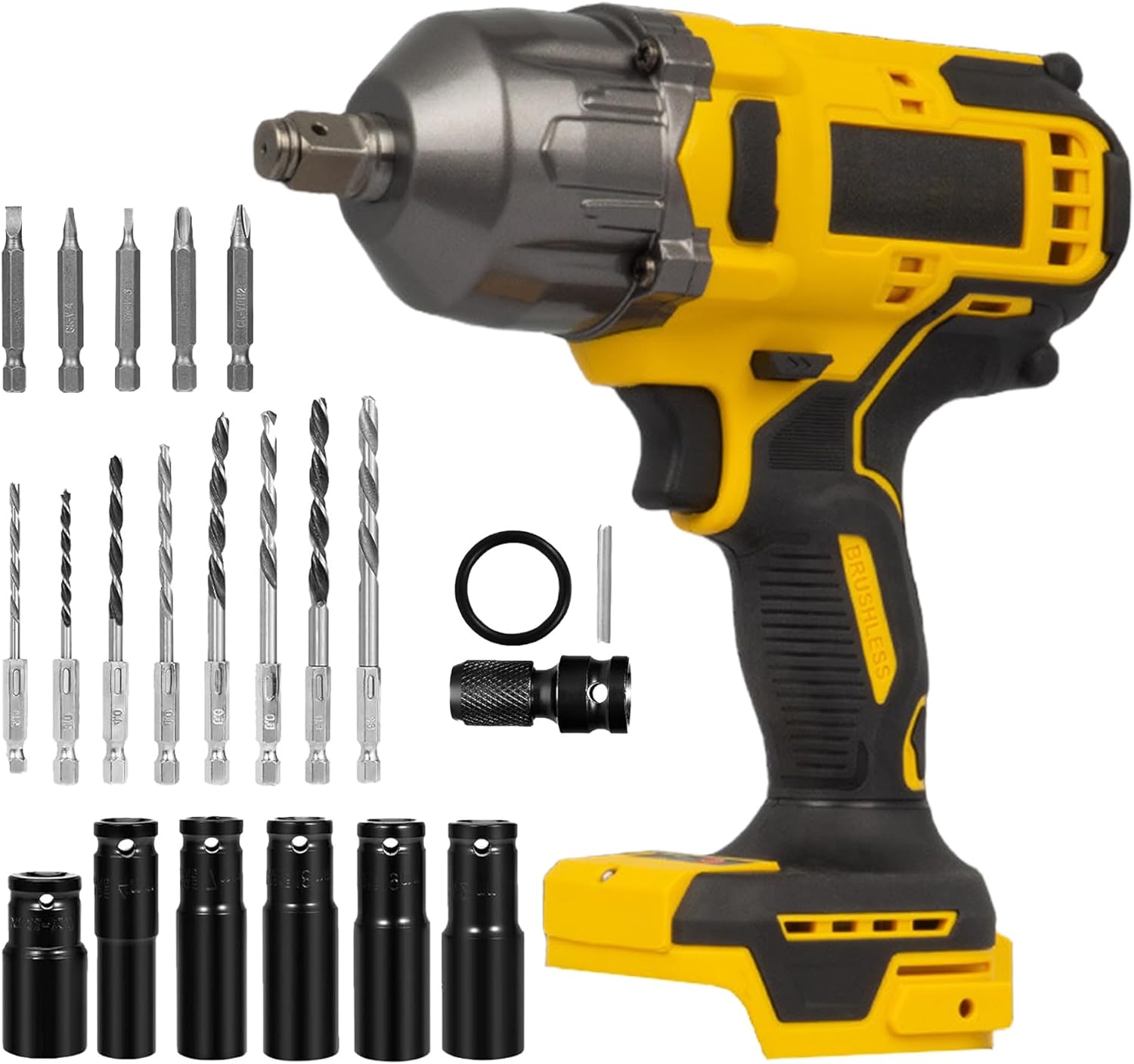 Cordless 1/2 Impact Wrench, Fits Dewalt 20V Max Battery Impact Driver Gun with Sockets, Drill Bits, Screwdriver Heads, LED Light, 590ft-lbs 800N.m Brushless, Adjustable Speed (No Battery)