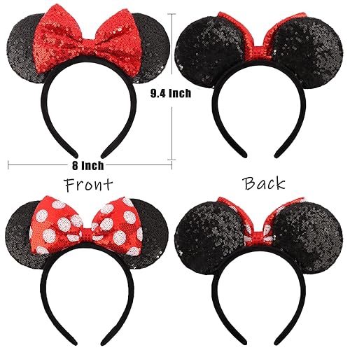 Miniatura 2 de ETLUK Diadema de orejas de ratón, 2 diademas de lazo negro y rojo, diademas clásicas con lazo brillante para mujeres y niñas (lunares rojos y negro)