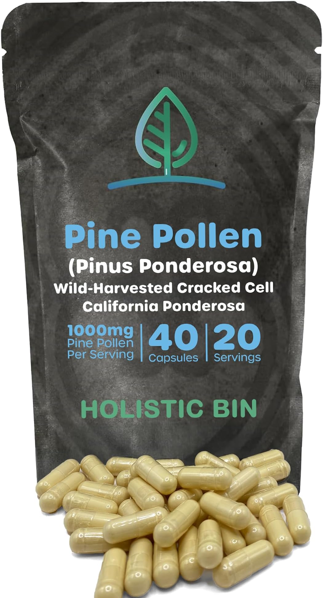 Holistic Bin Pine Pollen Capsules 500mg (Pinus Ponderosa) - Wild Harvested California Ponderosa Pine Pollen Powder - Olympic Grade - Organic, Non-GMO, No Fillers - 30 Day Supply (40 Capsules)
