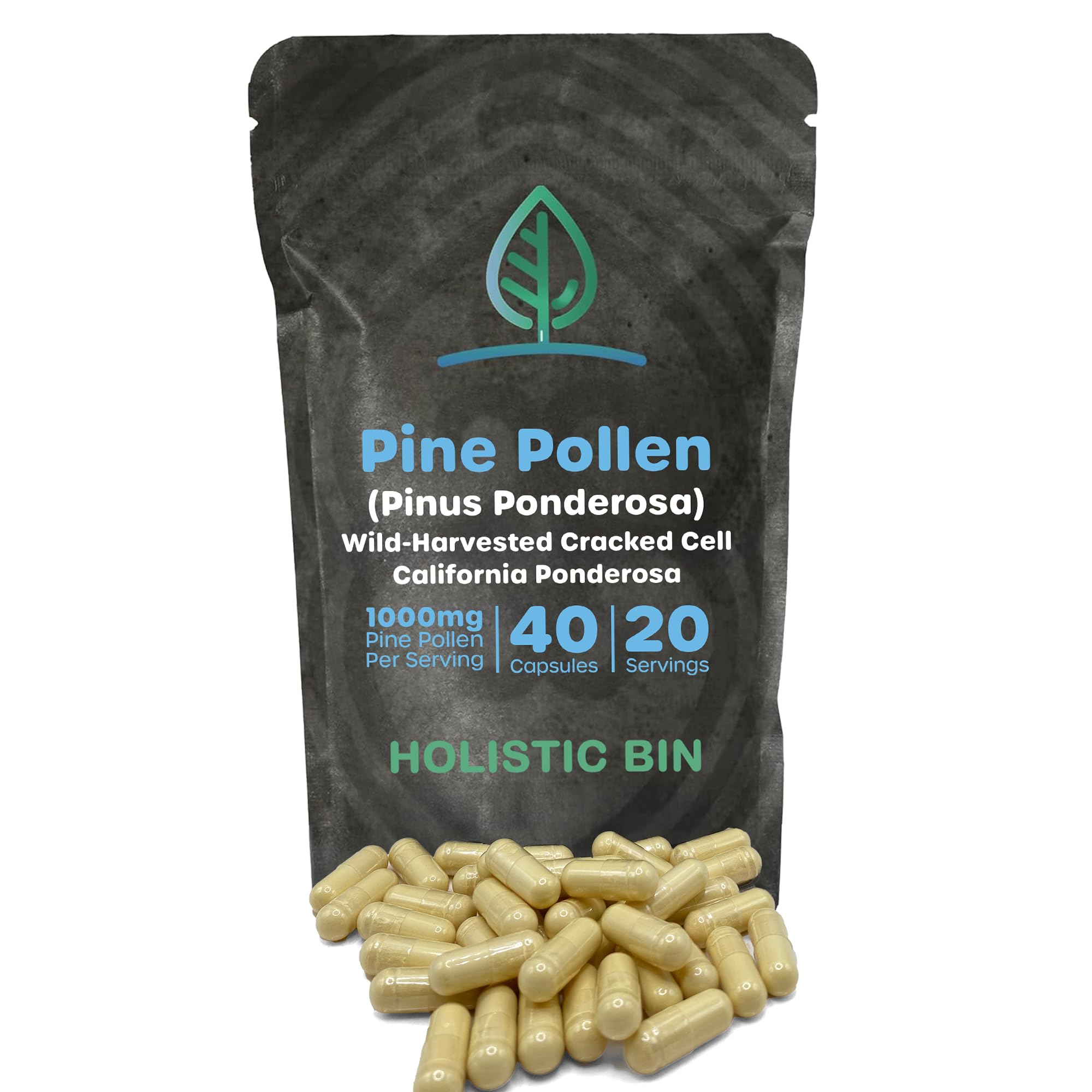 Holistic Bin Pine Pollen Capsules 500mg (Pinus Ponderosa) - Wild Harvested California Ponderosa Pine Pollen Powder - Olympic Grade - Organic, Non-GMO, No Fillers - 30 Day Supply (40 Capsules)