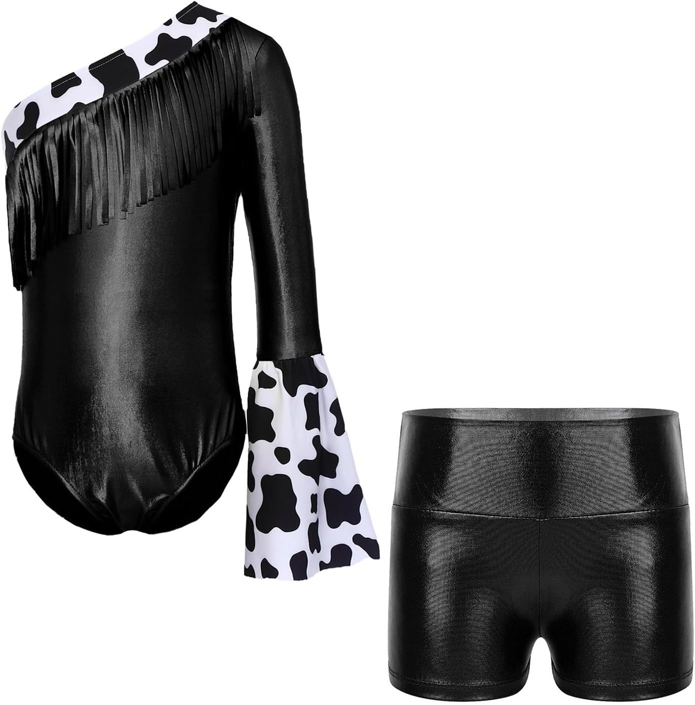 Girls Cowgirl Classic Sets Metallic One Long Sleeve Leotard with Shorts for Birthday Parties Black 10 Years