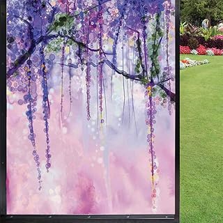 Watercolor Flower Frosted Window Film Home Decor,Wisteria on Blurred Background with Dreamy Colors Stained Glass for Home UV Blocking Privacy,Purple Pale Pink Green 24 inch x 36 inch