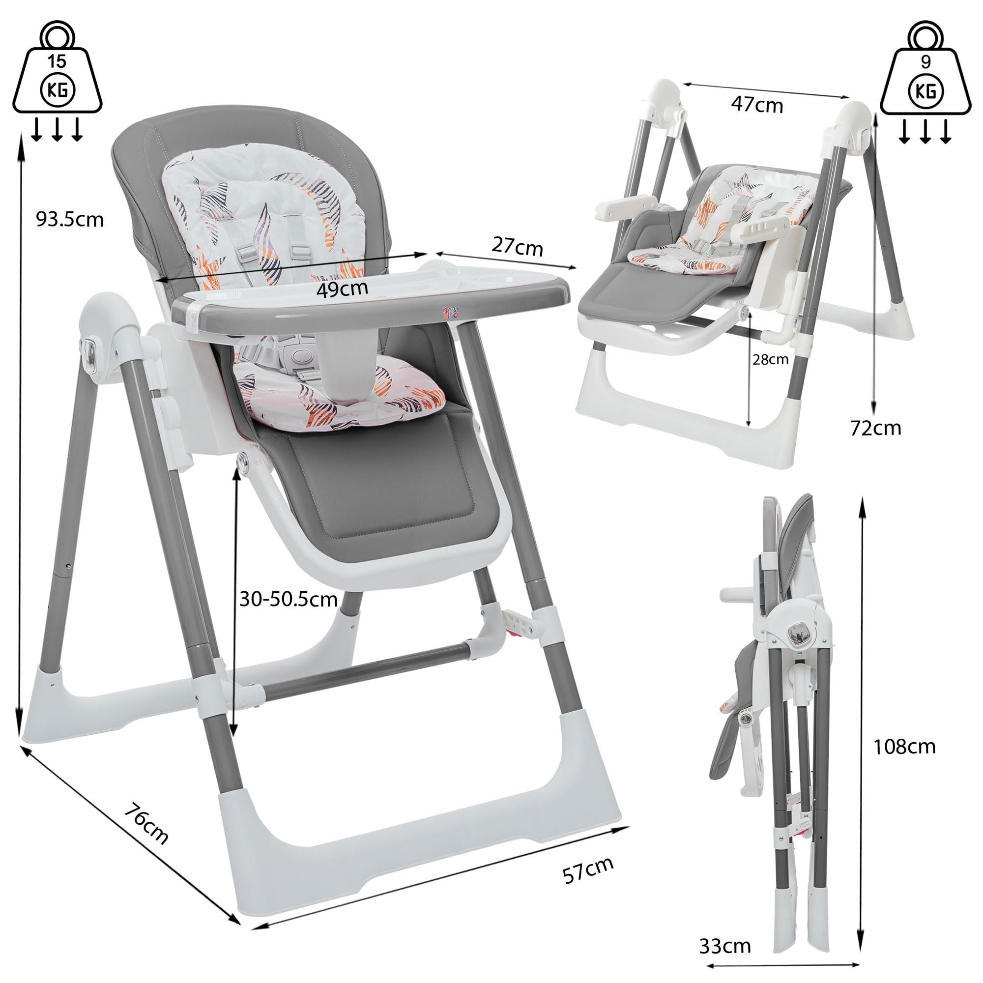 Baby Vivo 3w1 krzesełko do karmienia, krzesełko dla dzieci, leżaczek regulowany z podnóżkiem - krzesełko kombinowane, huśtawka, regulowane oparcie, zdejmowana tacka - Lulu w kolorze szarym