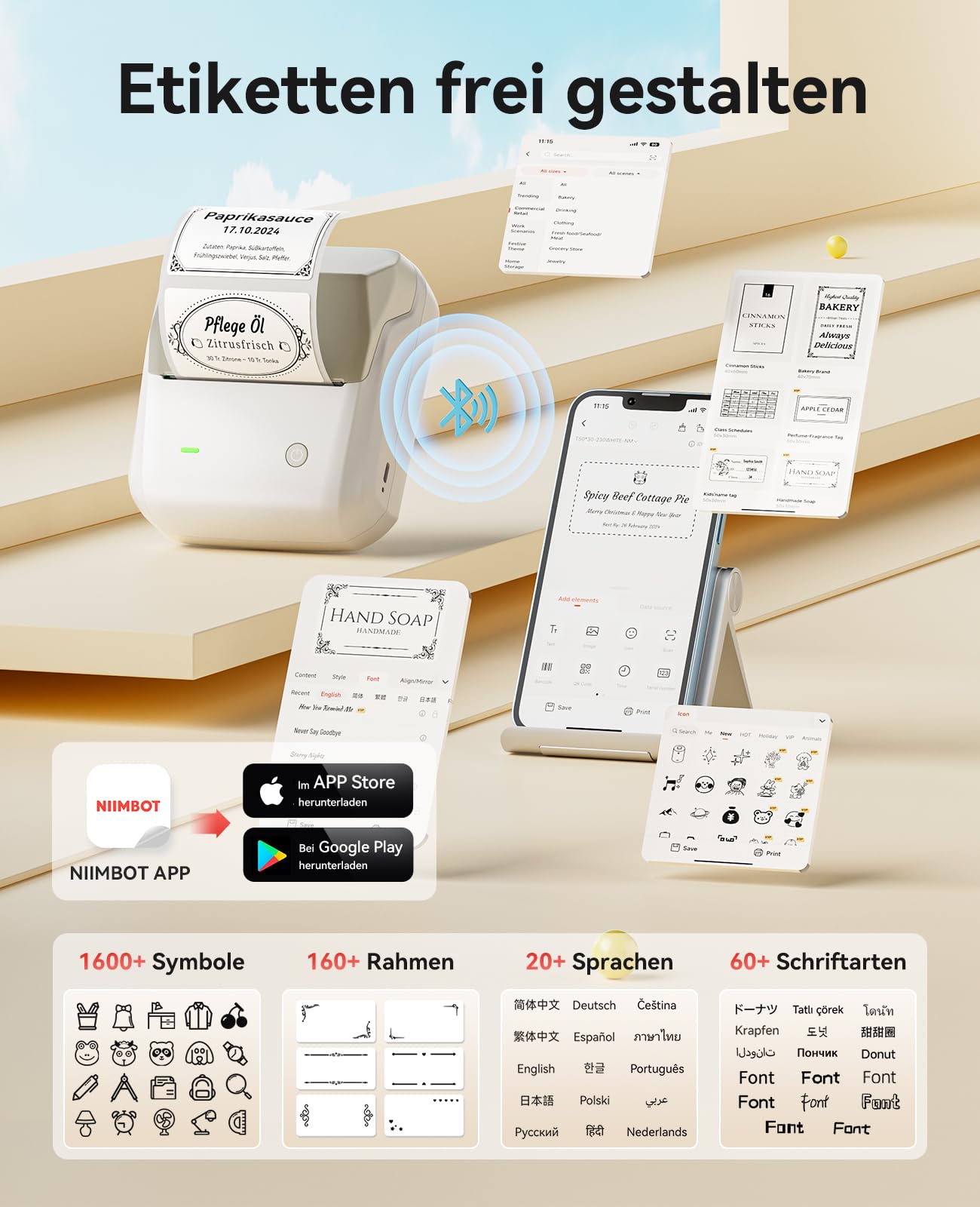 NIINBOT drukarka etykiet Bluetooth, do kodów kreskowych, biura, handlu detalicznego, małych firm, B31 przenośna drukarka etykiet z etykietami, samoprzylepna, 70 x 40 mm, ciemnoniebieska