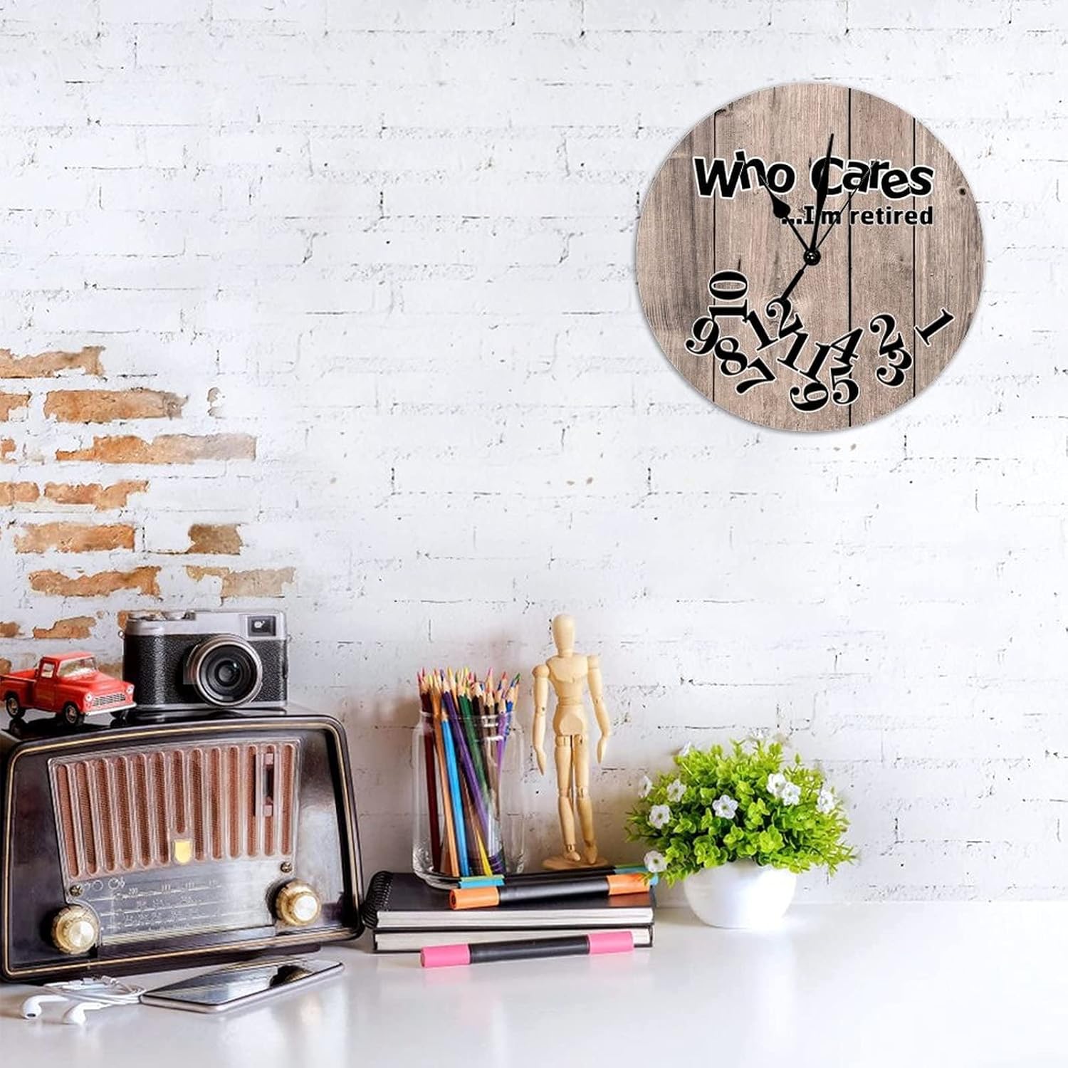 Brown Tuscan Pine Plank Wood Grain Wall Clock Who Cares I'm Retired Wooden Wall Clocks Battery Operated 12 Inch Silent Funny Men Cave Gifts Farmhouse Home Decor for Kitchen Bedroom Living Room Office