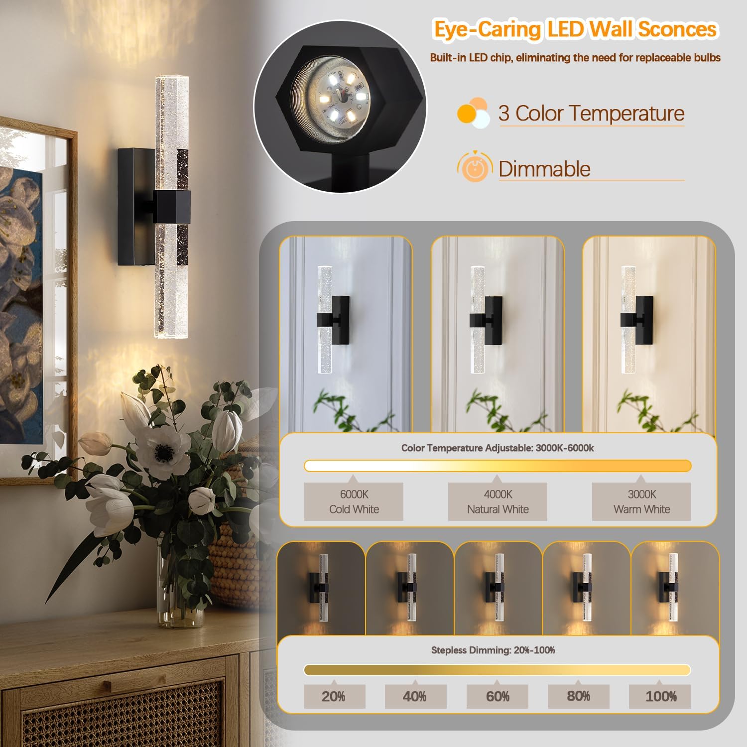 Battery Wall Sconces Set of Two, Crystal Rechargeable Wireless Black Wall Sconces, 3000K-6000K Dimmable Wall Lights with 10000mAh LED Cordless Wall Lamp Fixtures for Bedroom Living Room
