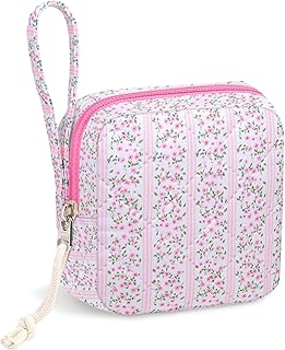 Small Makeup Bag | Discreet Period Bag Pad Pouch for Purse| Sanitary Napkin Storage & Tampon Holder for Travel (Cute flower pink)
