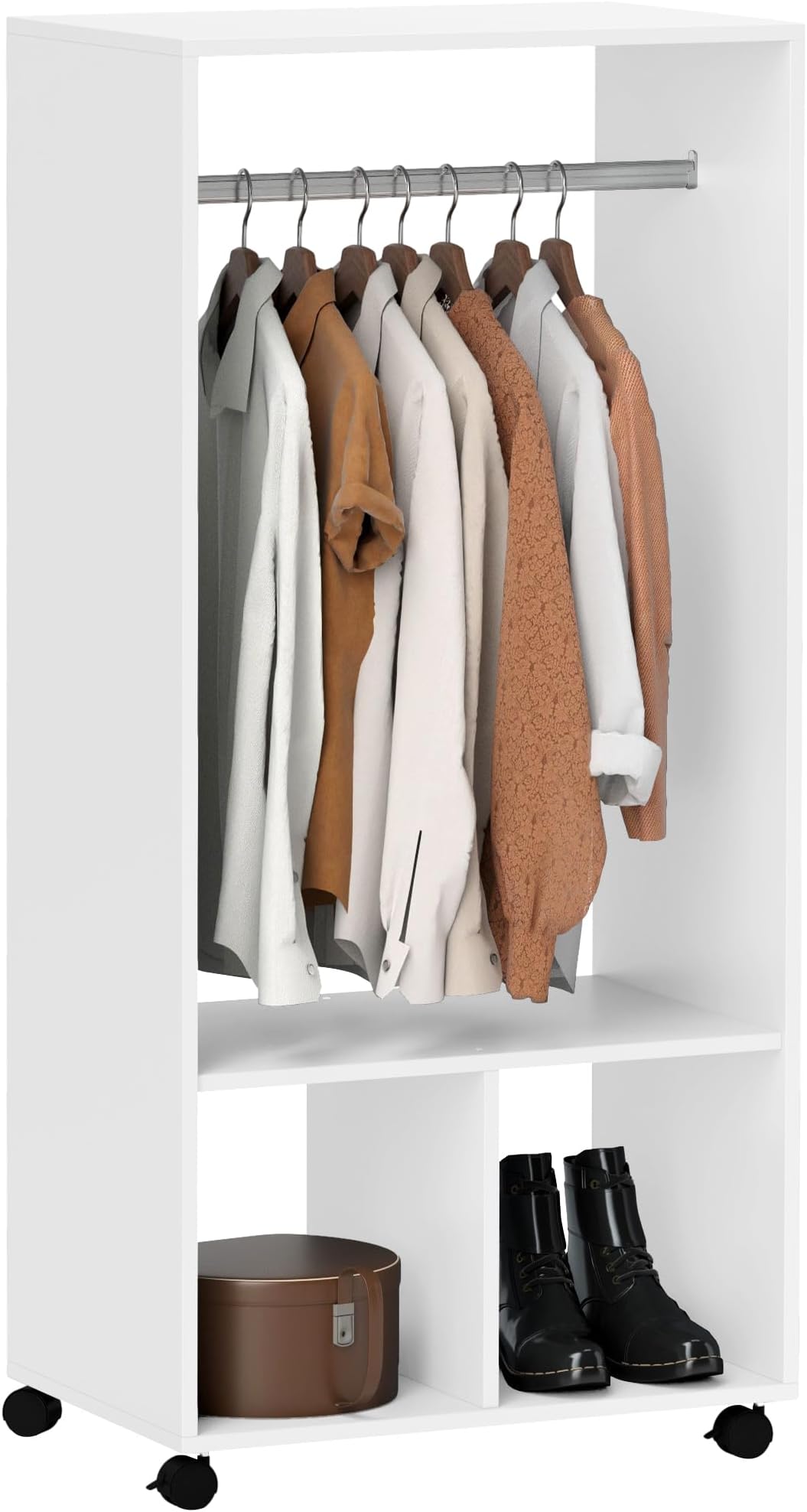 Open Wardrobe on Wheels, Bedroom Wardrobe with Clothes Hanging Rail, 2 Storage Shelves, Mobile Garment Rack for Cloakroom, Hallway, White