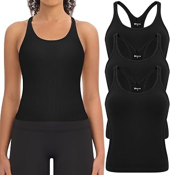 3 Pack Ribbed Workout Crop Tank Tops with Built in Bra for Women