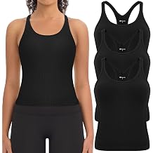 3 Pack Ribbed Workout Crop Tank Tops with Built in Bra for Women Seamless Racerback Cropped Athletic Gym Yoga Tops