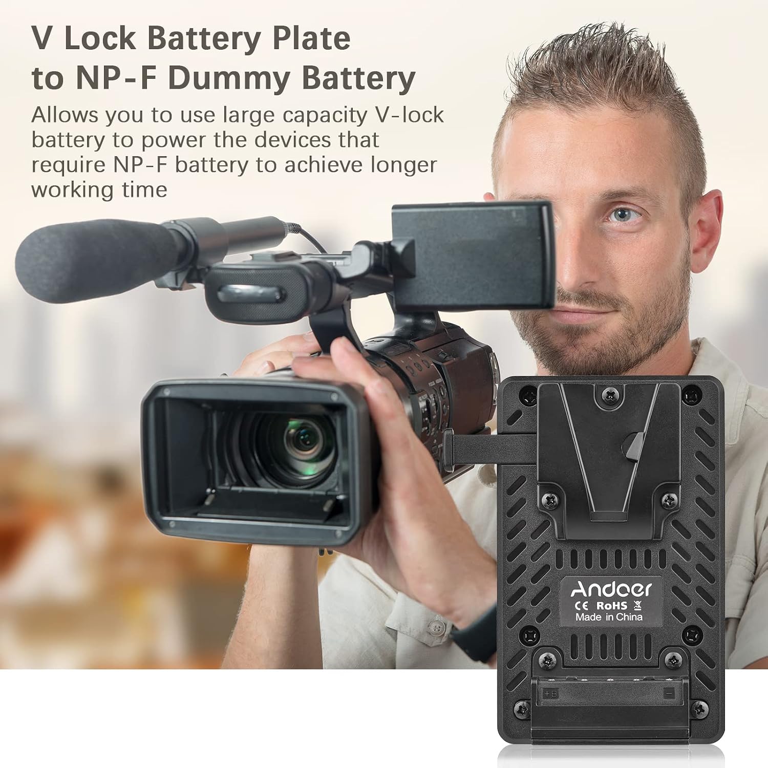 Andoer V-Lock V Mount Battery Plate to NP-F Dummy Battery Adapter Built-in Battery Decode Chip Replacement for PXW-Z150/ HXR-MC2500/ NX100/ NX200/ HDR-AX2000E/ FDR-AX1E/ NEX-EA50/ NEX-FS700 Camcorder