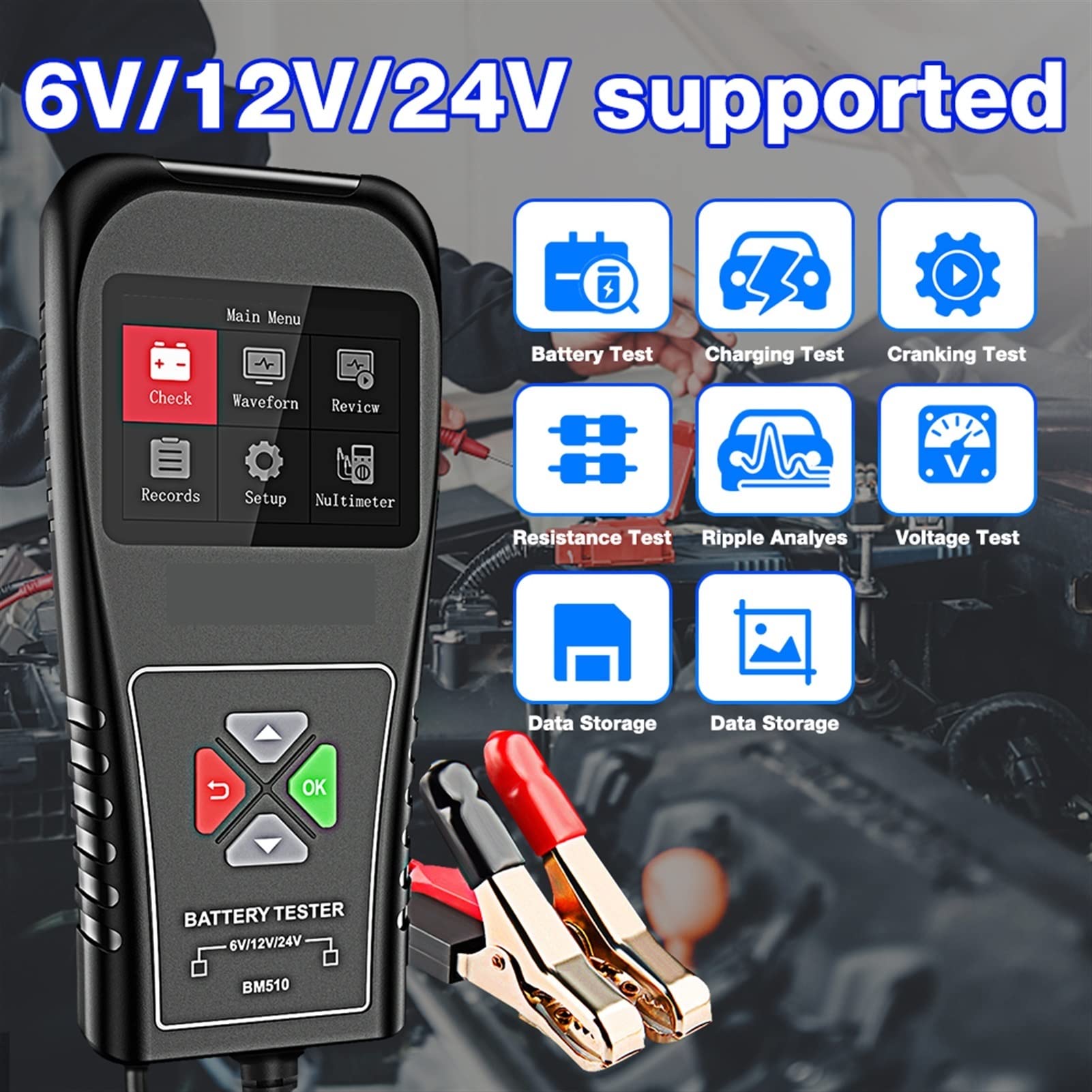 Tester akumulatorów samochodowych BM510. Tester baterii samochodowej samochodu samochodowego 6V 12V 24V. Analyzer baterii 2000. CCA. Ładowanie narzędzia skanera testowego do samochodów osobowych i cię