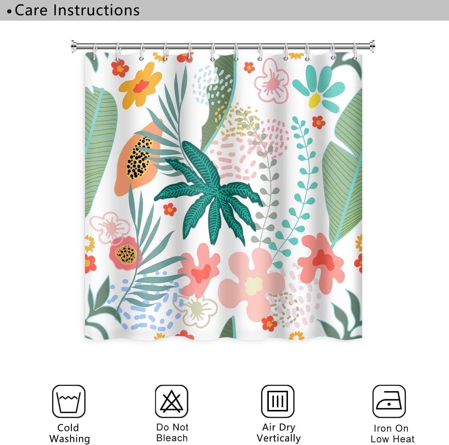 Tropical Leaves Shower Curtains Cute Flowers Green Leaves Bright Colorful Nature Plants Shower Curtains Bathroom Decor Waterproof Polyester Fabric Sets with 12 Hooks, 72x72 Inch