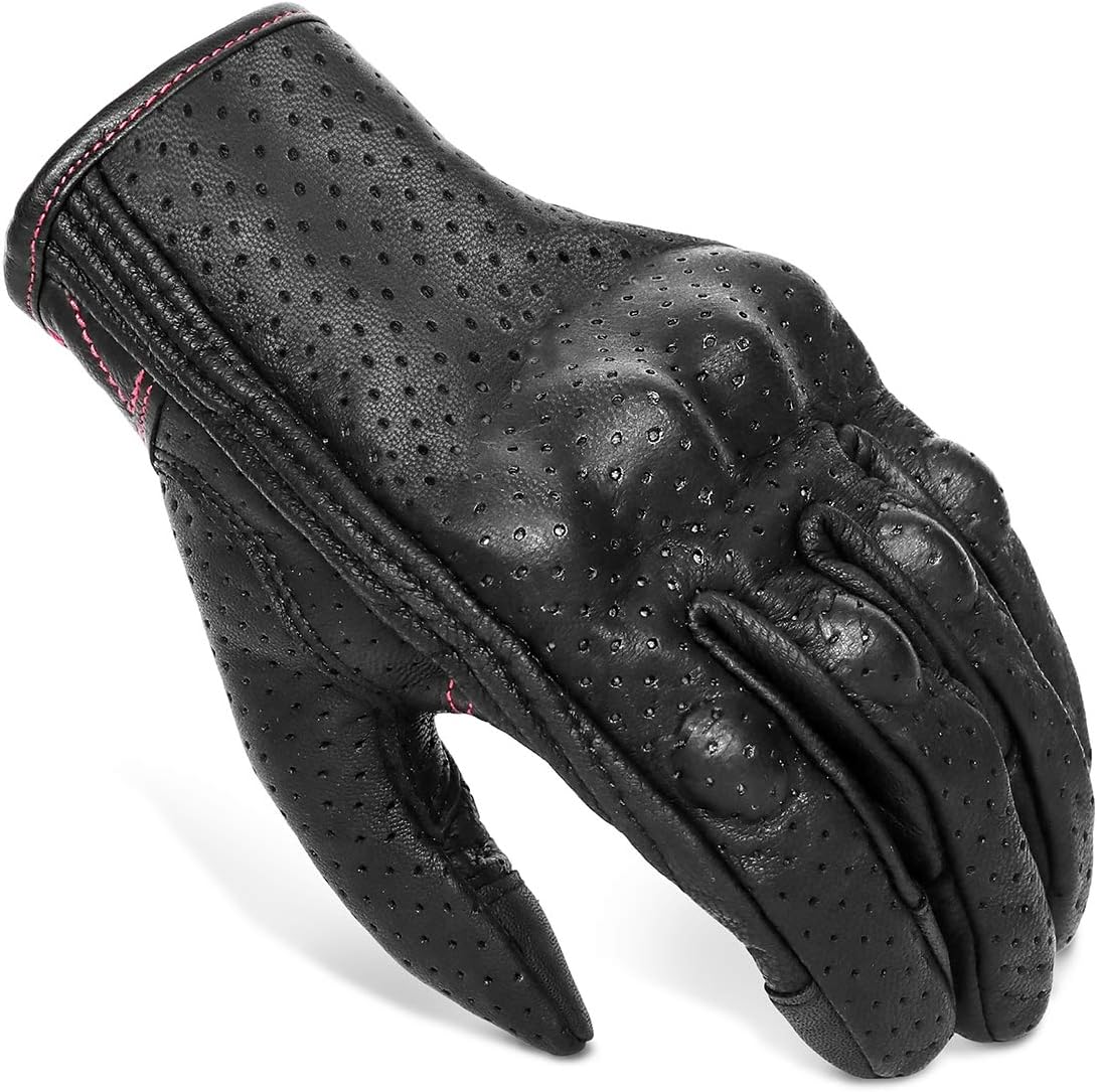 Superbike Women ’s Goatskin Leather Motorcycle Gloves Touchscreen Hard Knuckle Armored Motorbike Gloves for Ladies(G01W-Black Leather with Rose Line, S) - Image 6