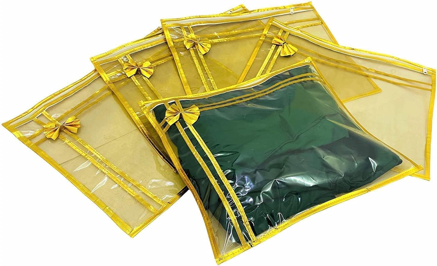 10 piece transparent single Saree/Suit Packing Sari Cover/Bag Organizer with zip for Wardrobe Storage and wedding gifting,dress covers (Golden, Pack of 10)