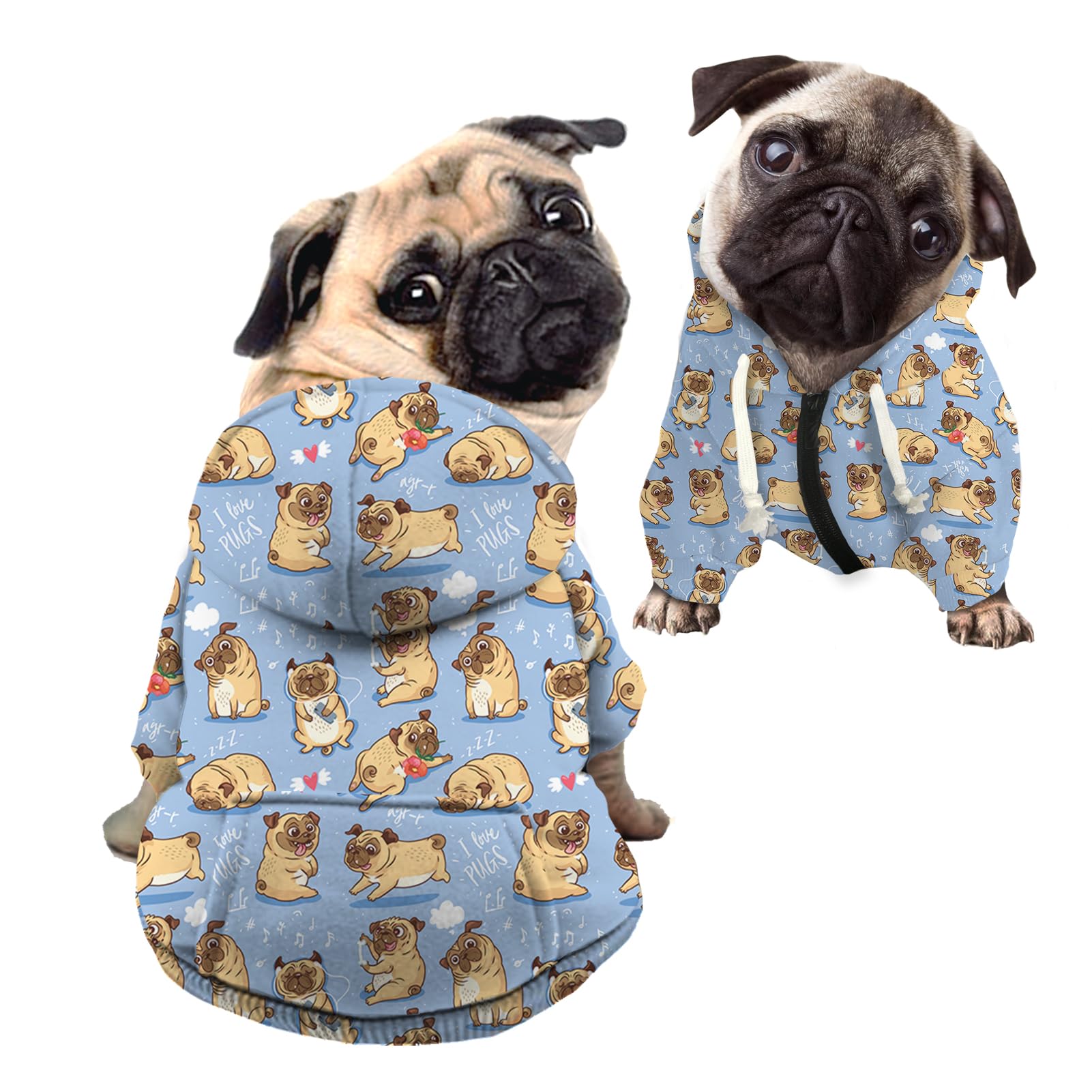 Kuiaobaty Cartoon Pug Print Basic Dog Hoodie Zipper Pet Sweatshirt Hooded Pullover, Blue Dog Jumper Sweater — image 1