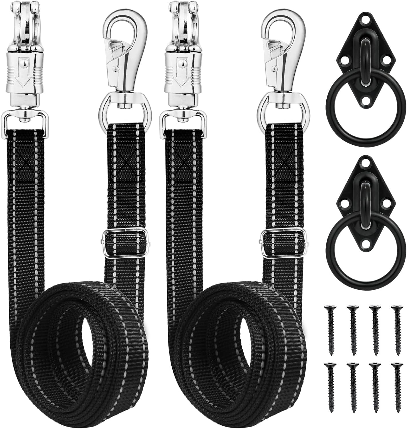 Heavy-Duty Cross Ties for Horses - Adjustable Nylon Horse Trailer Ties with Strong Panic Snap & Bull Snap (59"-102"), Set with 2 Pack Tie Rings & 8 Matching Screws (Black)