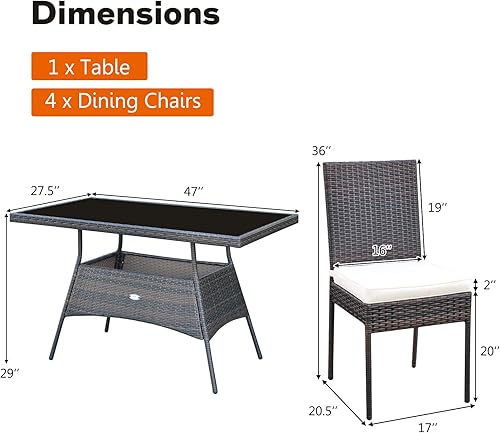Miniatura 5 de Tangkula 5 Piece Patio Wicker Dining Set, Outdoor Rattan Table and Chairs with w/Tempered Glass Table Top & Padded Cushions, Wicker Patio