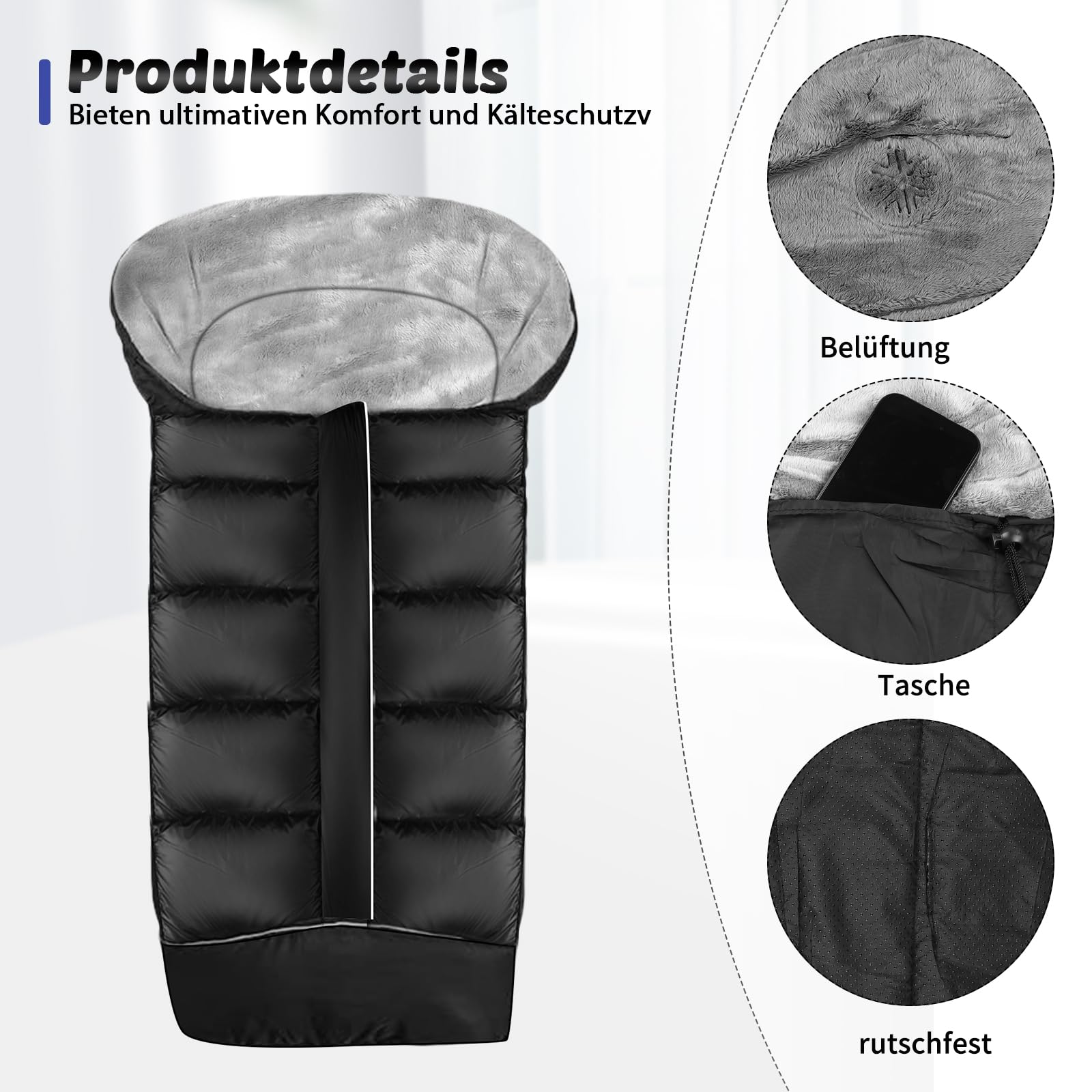 Sacco Coprigambe Invernale per Passeggino HOSPAOP, Universale per Bambini, con Cerniera, Strisce Riflettenti, Impermeabile per Sportwagen Jogger Buggy, Nero