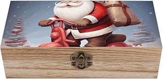 Vintage Wooden Storage Box with Front Clasp Keepsake Box with Lid | Santa Claus on Scooter Jewelry Storage Box Antique Old Decorative Storage Organizer for Photos Trinkets Home