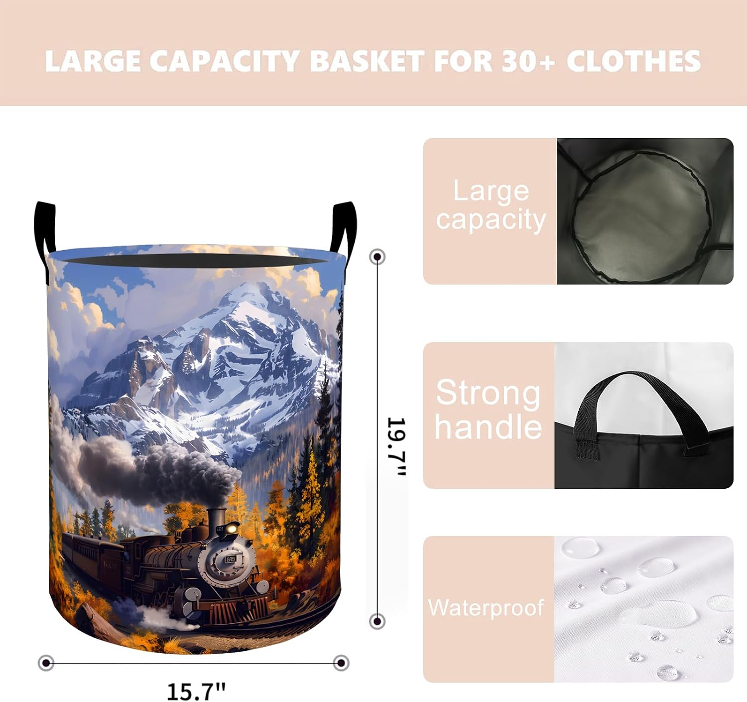 Mountain Train Laundry Basket Hamper 19.7"x15.8", Organizer Bins Gifts for Kids Boys Girls, Vintage Steam Locomotive Foldable Waterproof Oxford Clothes Storage Bucket for Bedroom Bathroom Decor