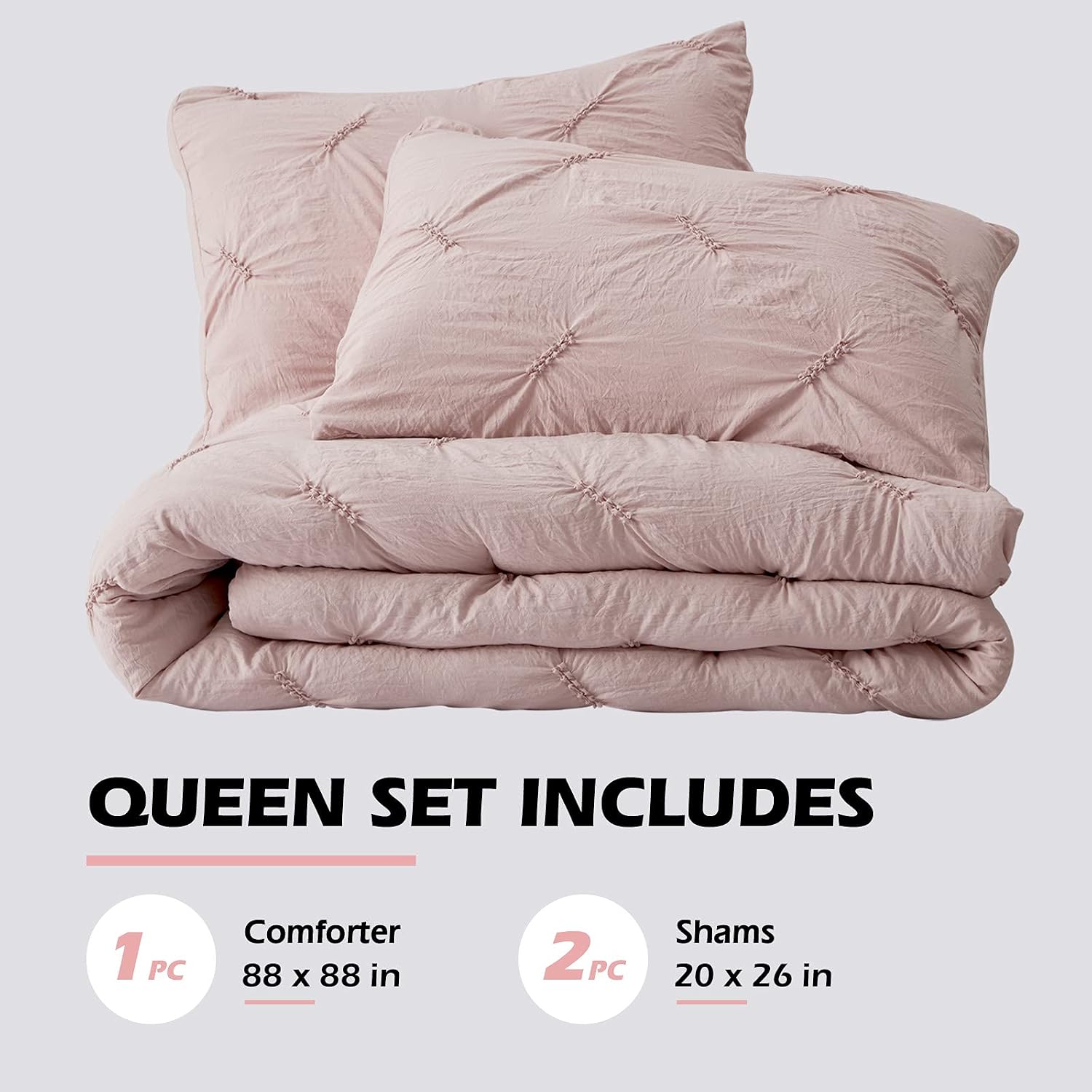SEMECH Pinch Pleat Queen Comforter Set, Ultra-Soft Microfiber Bedding Comforters Sets, 3 Piece Pink Queen Size Comforter Set with 2 Shams (Rose Blush, Queen)