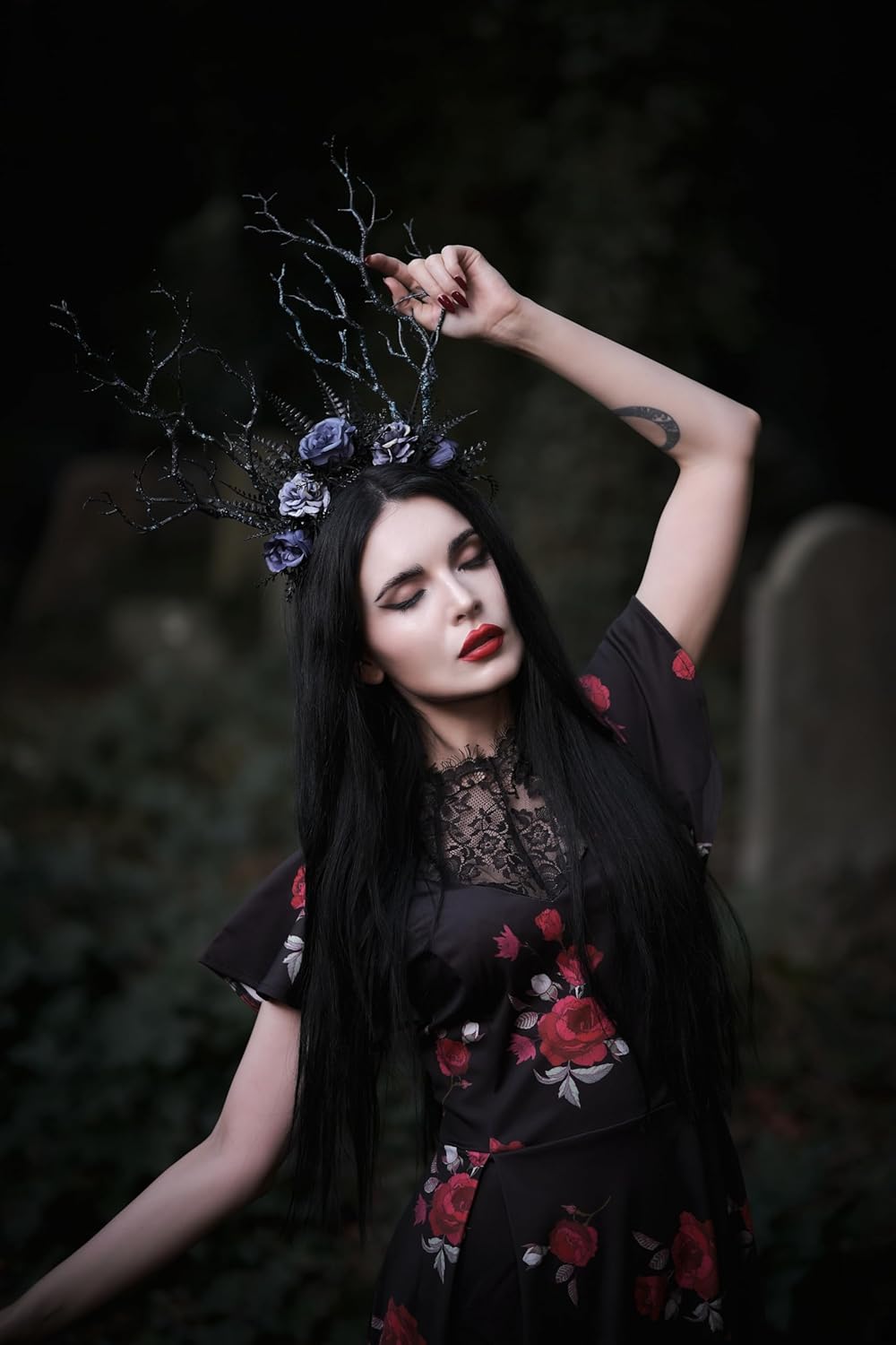 MOSTORY Handmade Black Branch Headband Gothic Woodland Antler Headpiece Fairy Forest Flower Crown for Women Girls Renaissance Halloween Elf Cosplay Party Photo Prop Blue - Image 4