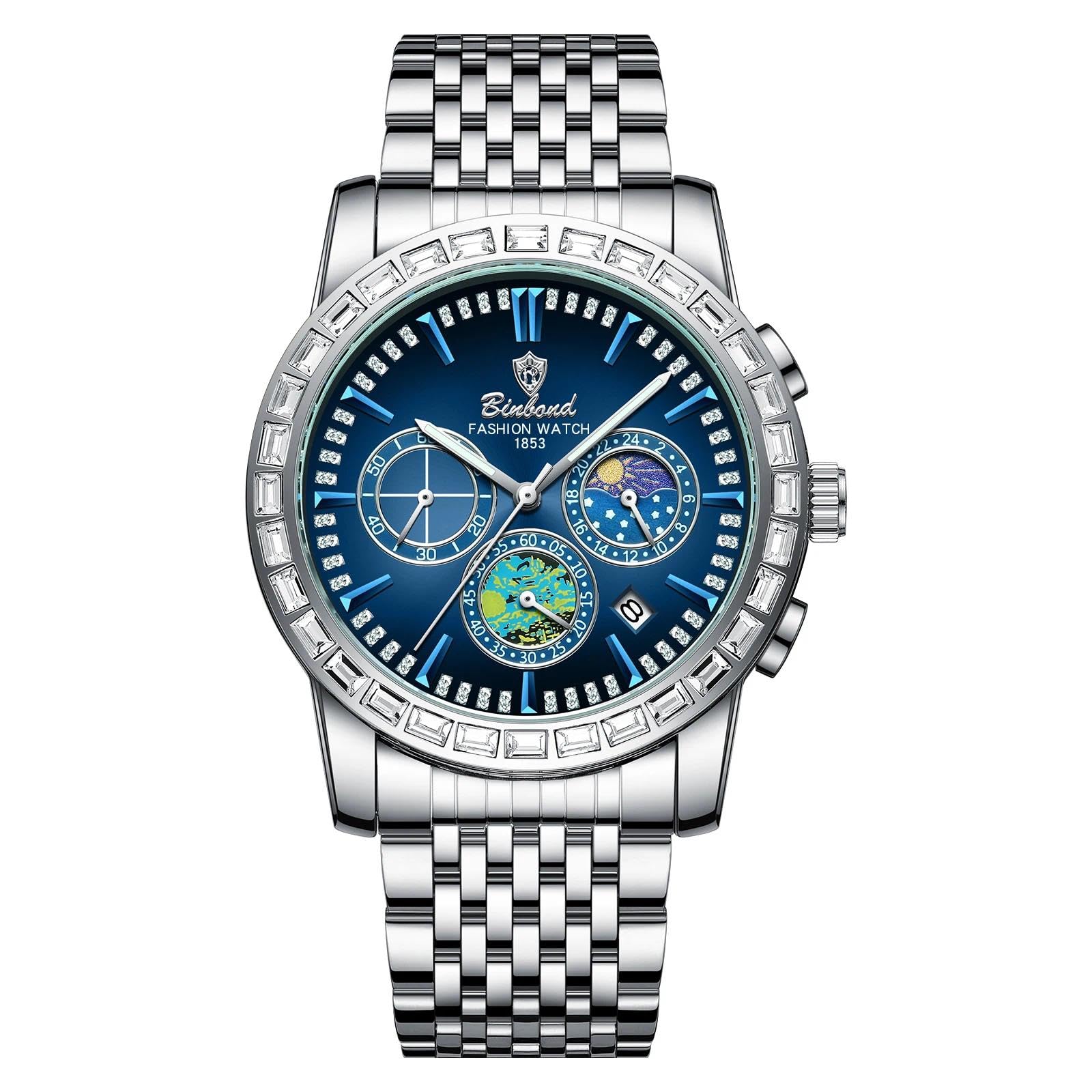 Reloj de cuarzo para hombre, correa de acero, fase lunar, luz nocturna, resistente al agua, para hombre de negocios, estrella, reloj de cuarzo