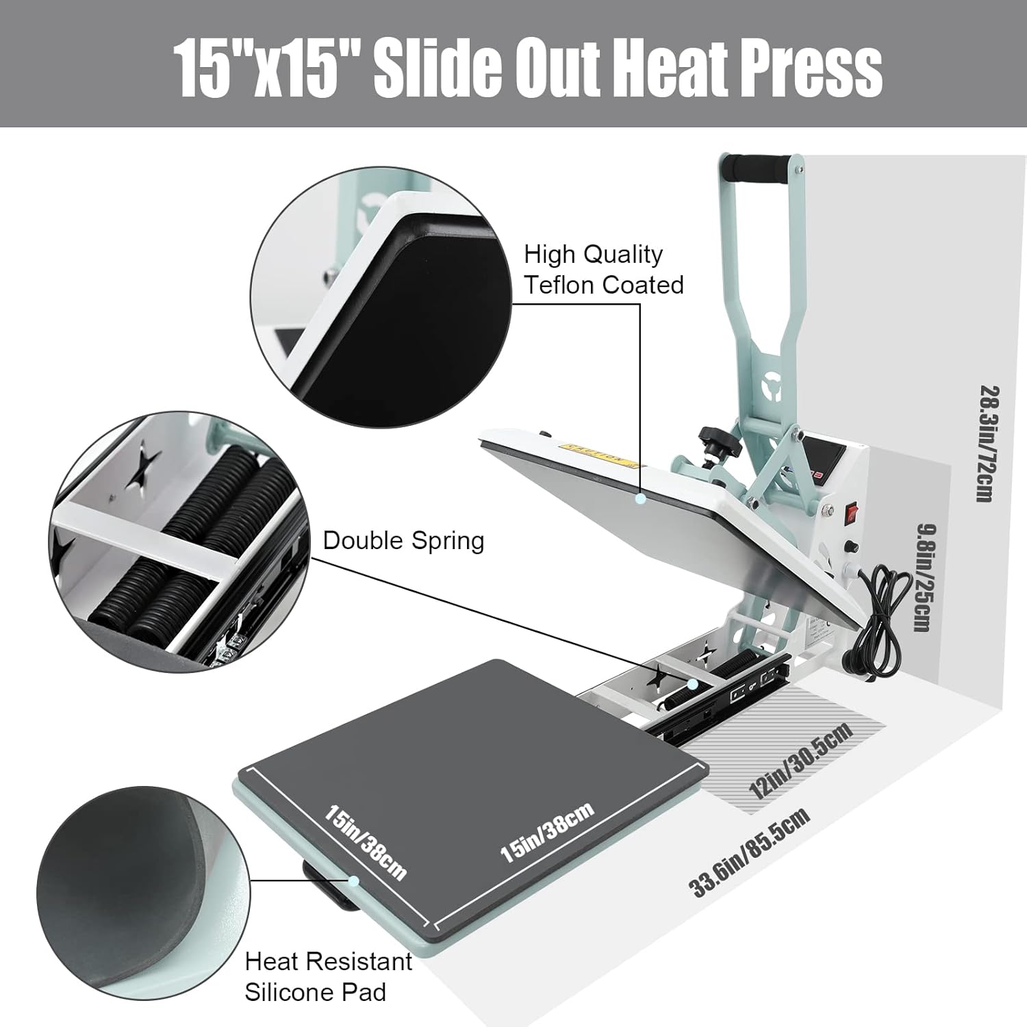 BetterSub Heat Press 15x15 inch Digital Heat Press Machine, Slide Out Industrial Quality T-Shirt Heat Transfer Machine Teal