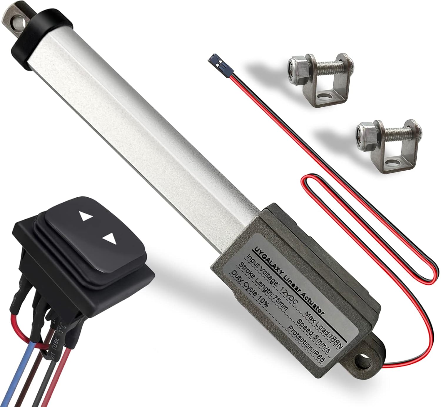 3" Stroke 12V Micro Linear Actuator with Momentary Switch, 188N/42lb Mini Small Electric Motion Actuators Waterproof Speed 5mm/s w/Mounting Brackets, Polarity Reverse Switch for Robot Window Opener