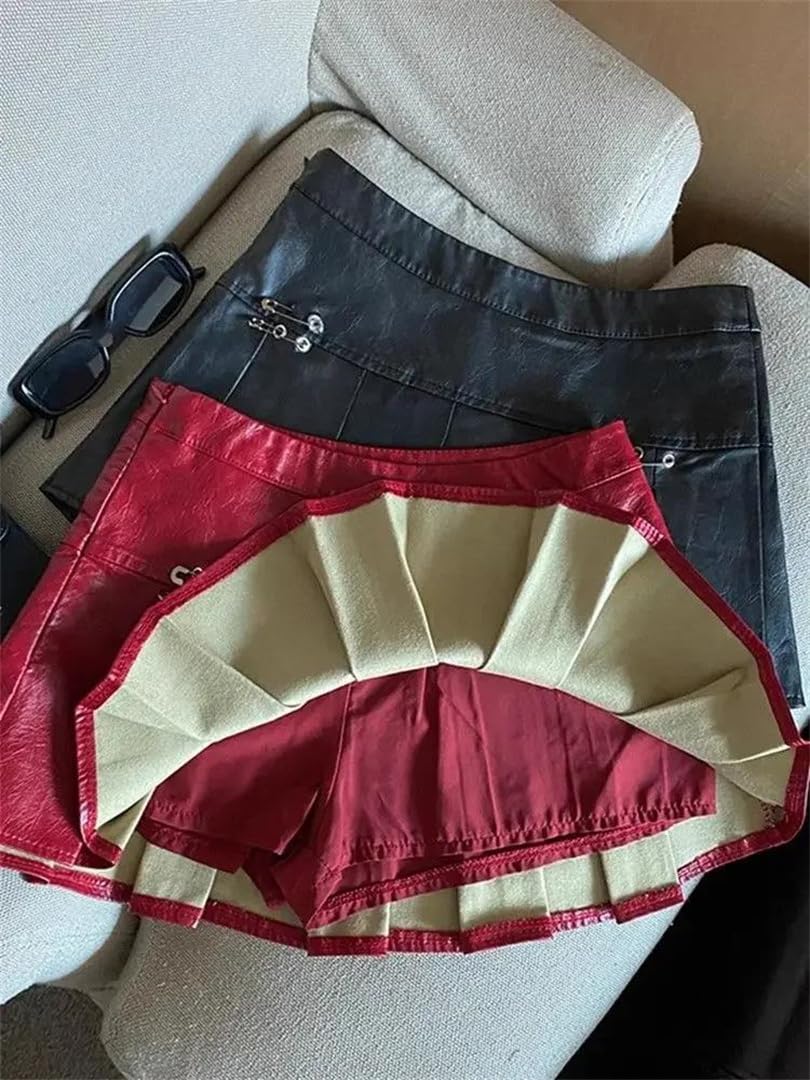 Kelsiop Minifalda plisada de piel sintética para mujer, color rojo y negro, cintura alta, estilo retro, gótico, punk