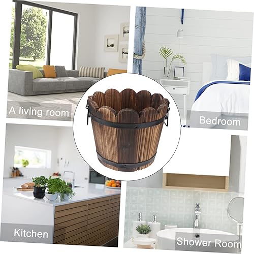 Miniatura 10 de Maceta de madera maciza carbonizada para suculentas, diseño retro de boca ondulada, gran decoración de escritorio, soporte para plantas para el