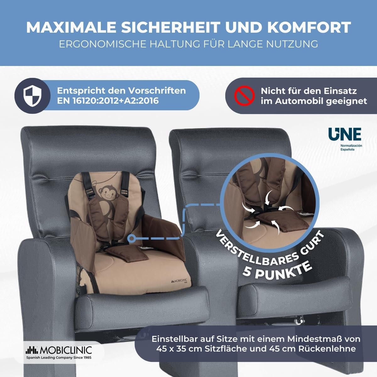 Mobiclinic® kids, Tragbarer hochstuhl, Monkey, Reisehochstuhl, 6 bis 36 monate, 15kg, Faltbar, Verstellbarer 5-punkt-gurt, Mit aufbewahrung, Baby, Babysitz, Farbe beige