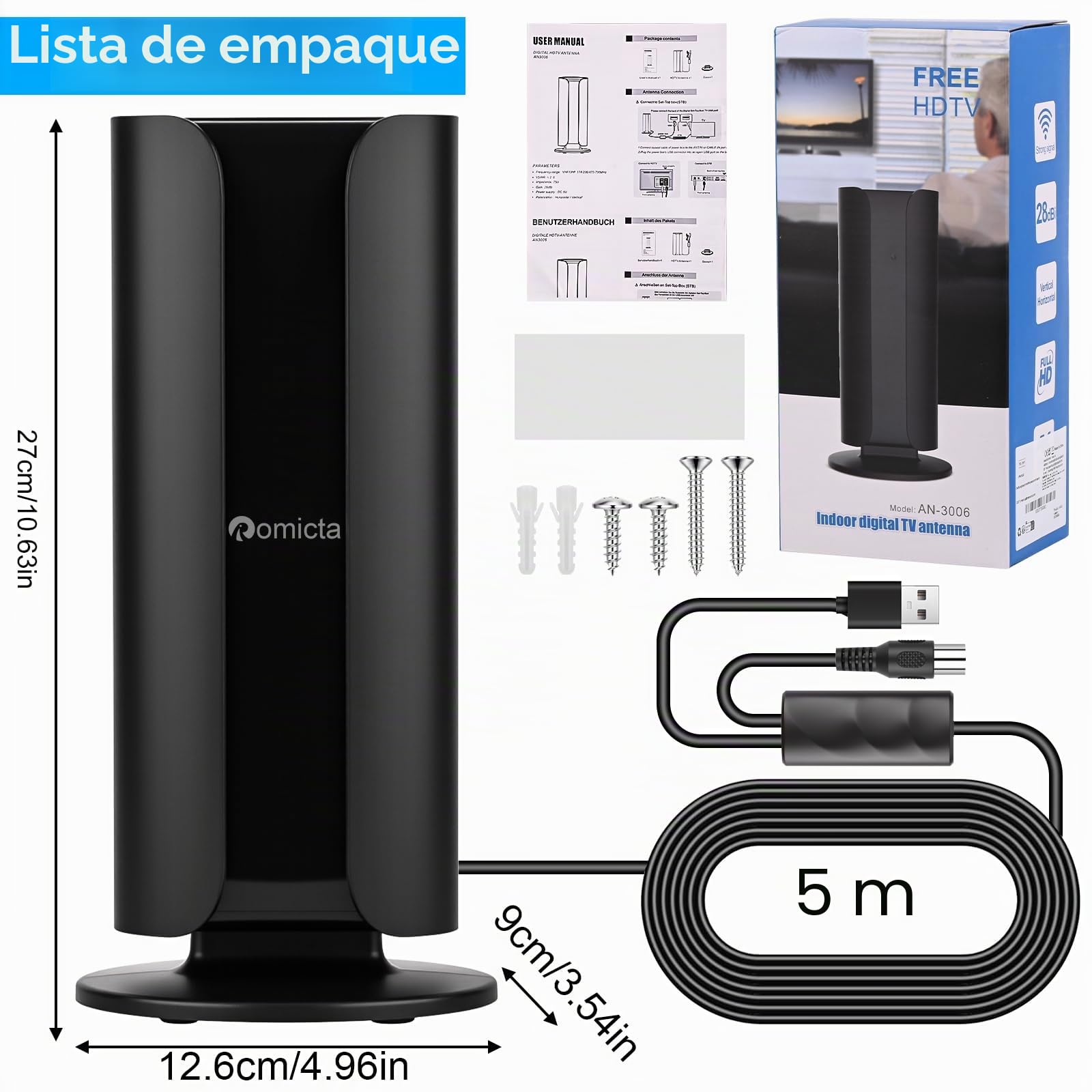 Romicta Antena TV DVB-T2 para Interior con Amplificador, Antena TDT DVB-T & DVB-T2, Dab/Dab+, Alcance Largo 360°, para Televisores 4K 1080p, Cable Coaxial de 5 m