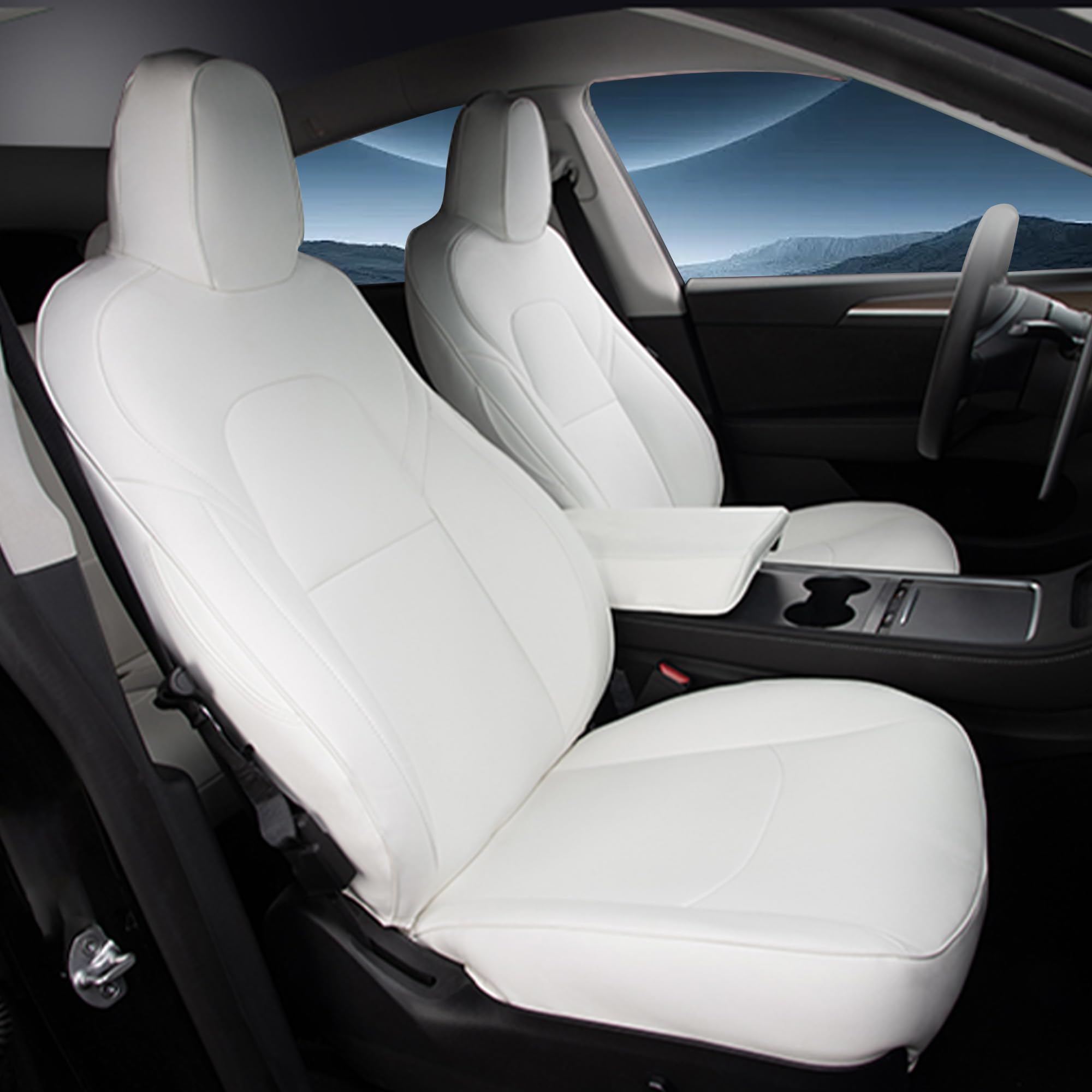 Nappa Leather Car Seat Covers Compatible with Tesla Model Y 2017 2018 2019 2020 2021 2022 2023 2024 Full Set Custom Fit Does Not Affect The Airbag, Reserved Seat Belt Hole-White