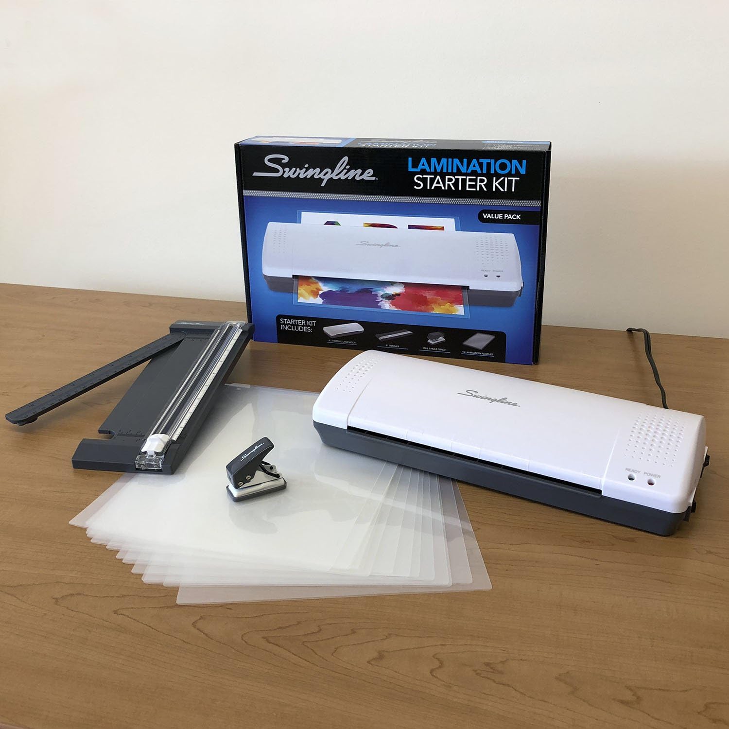 Swingline Lamination Starter Kit, Inspire Laminator, Pouches, Trimmer, Mini Hole Punch Included (1701869ECR),Gray