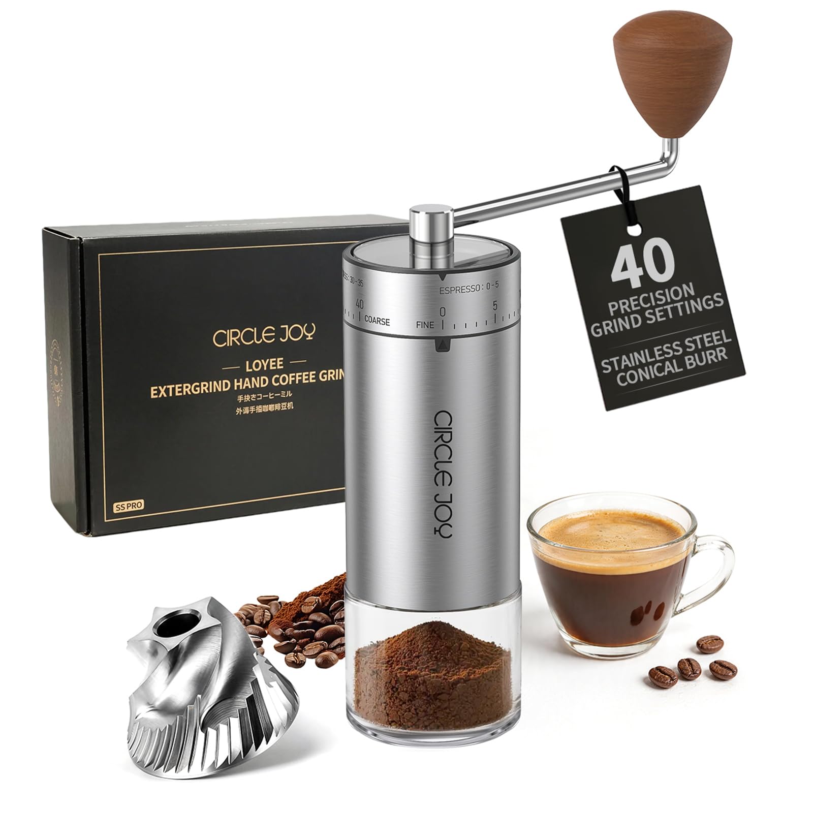 CIRCLE JOY Mini Molinillo de Café Manual Portátil con Muelas Cónicas de Acero Inoxidable y 40 ajustes externos, Molinillo de Café de Mano de Acero Inoxidable para Casa, Camping y Viaje, Plateado