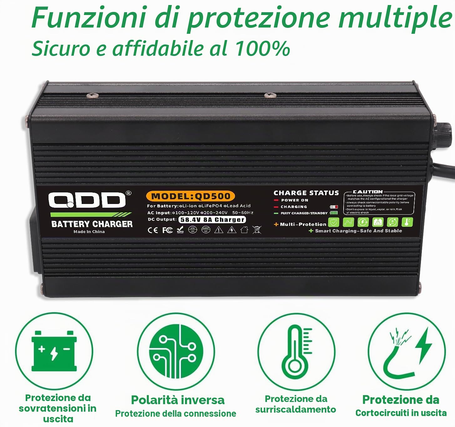 Caricabatterie LiFePO4 da 58,4 V 8 A per batteria LiFePO4 16S 48 V, alloggiamento in alluminio nero con protezione di sicurezza per sistema di raffreddamento, connettore a coccodrillo DC