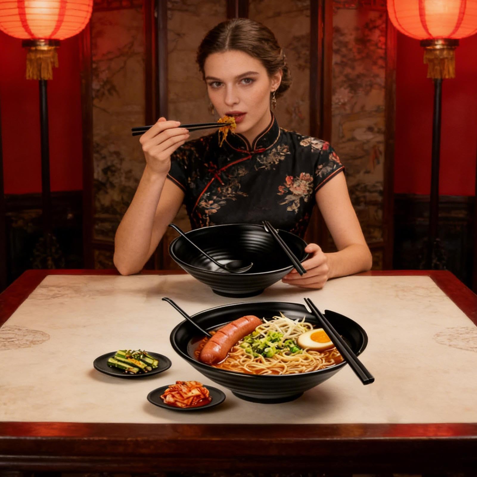 Bol pour Soupe Noir Mat avec Baguettes et Cuillères | Bol Japonais pour Nouilles avec Soucoupes pour Nourriture Asiatique, Wonton, Salade, Pâtes, Petit Déjeuner, Déjeuner, Dîner,