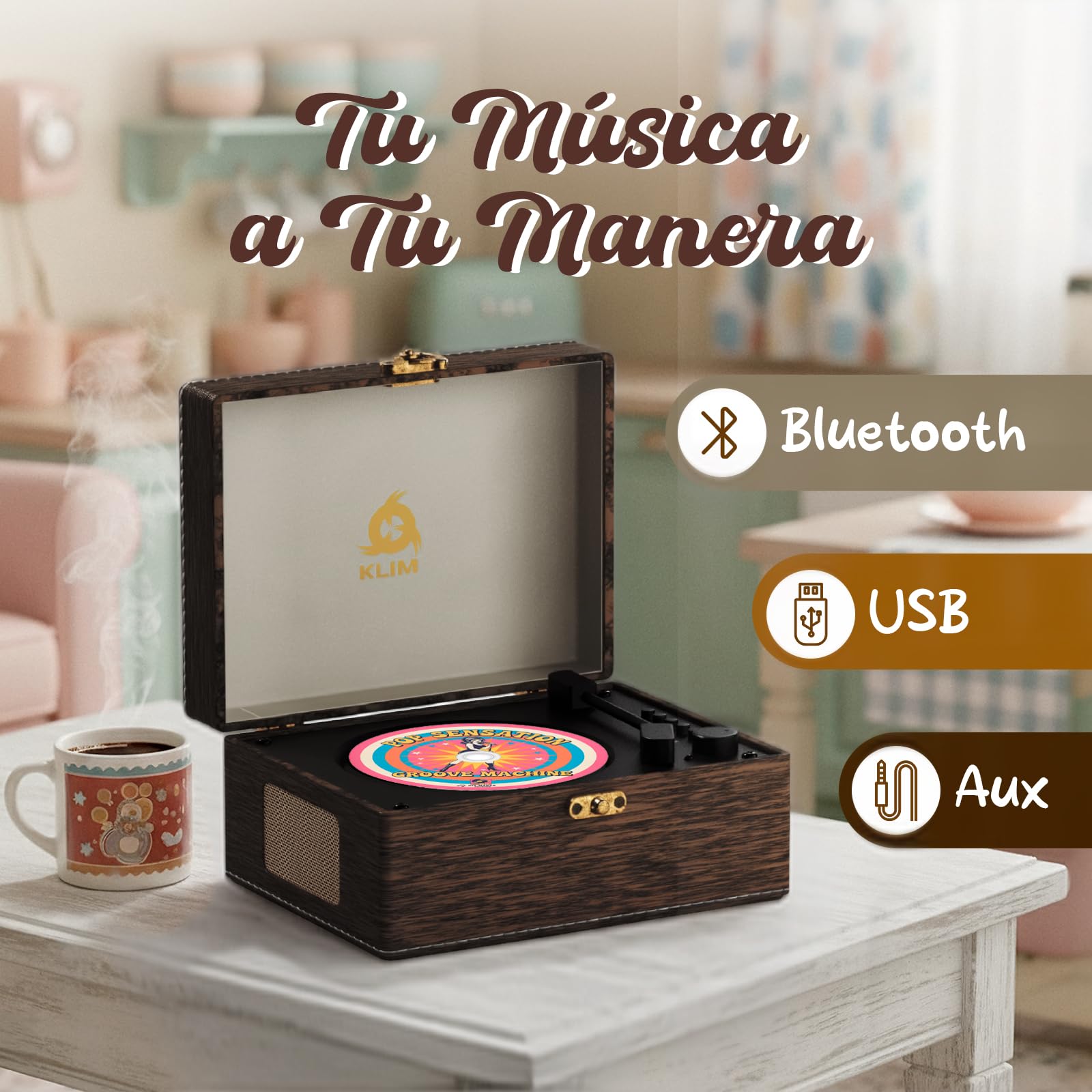 KLIM Retro CD Player – Reproductor CD portátil con Altavoces, Receptor Bluetooth, AUX, USB, Batería Recargable, Diseño Retro, Mini Cadena Compacta para Casa y Música – Madera