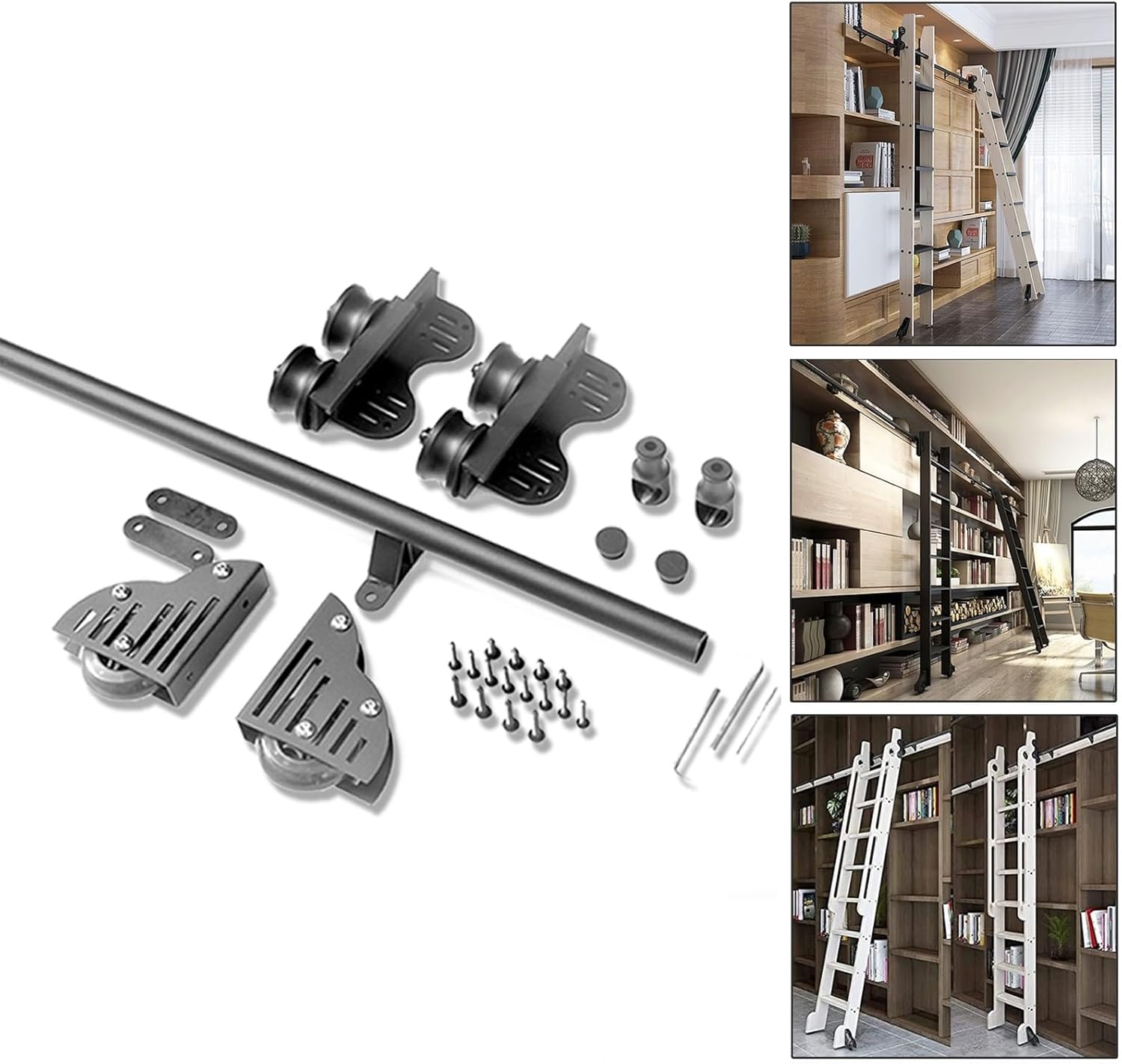 Rolling Ladder Rail Hardware 3.3ft-20ft,Library Retractable Round Tube Mobile Ladder Track Sliding Barn Door Complete Kit for Loft/Home/Indoor/Bookstor,with Floor Roller Wheels (No Ladder)