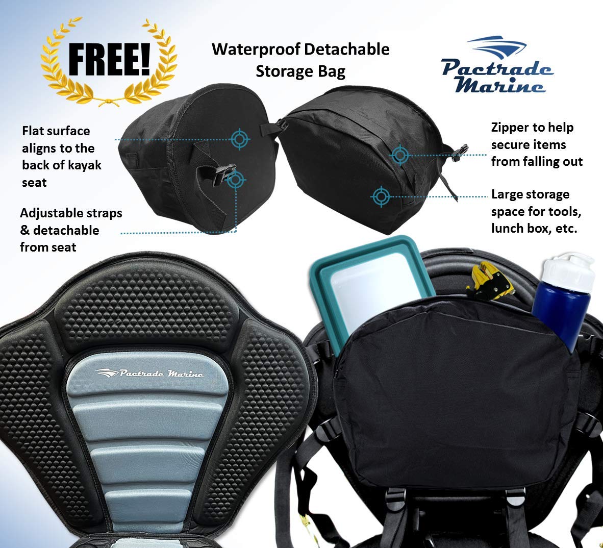 PactradeMarine Pactrade Marine Verstellbarer gepolsterter Deluxe-Kajak-Sitz, Abnehmbarer Rucksack/Tasche, Kanu-Rückenlehne