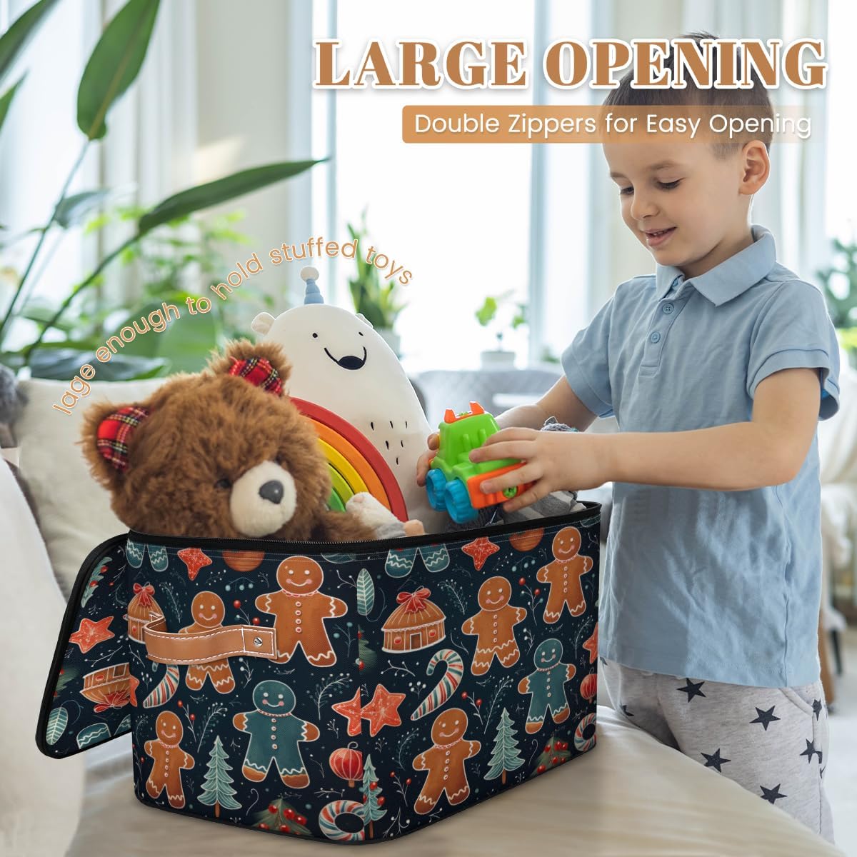 Storage Bin Set of 2 Gingerbread Man Storage Basket with Zipper Lid & Handle Foldable Closet Shelf 2 Pack Cloth Organizer Basket Cube Bins Clothes Organizer for Bedroom, Nursery