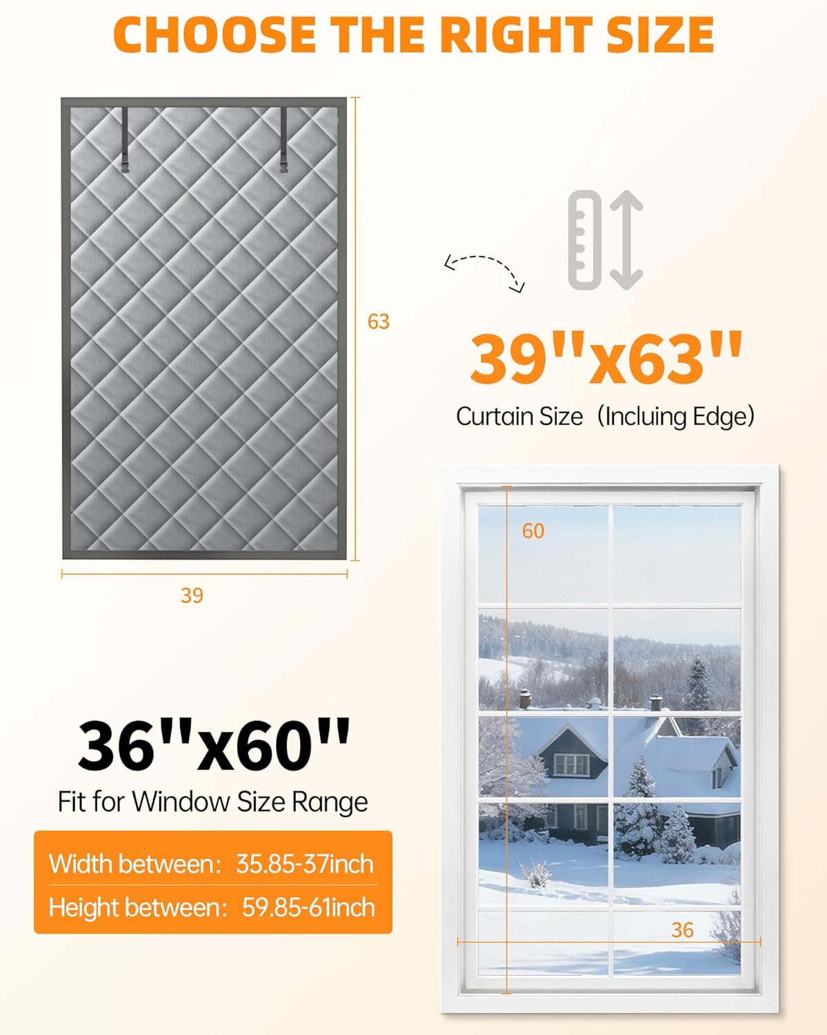 window insulation for winter, 39?×63? thermal window cover (fits 36?×60? windows ), dual-sided winterizing curtain for home & rv, reusable draft stopper with roll-up buckle 39" × 63? gray