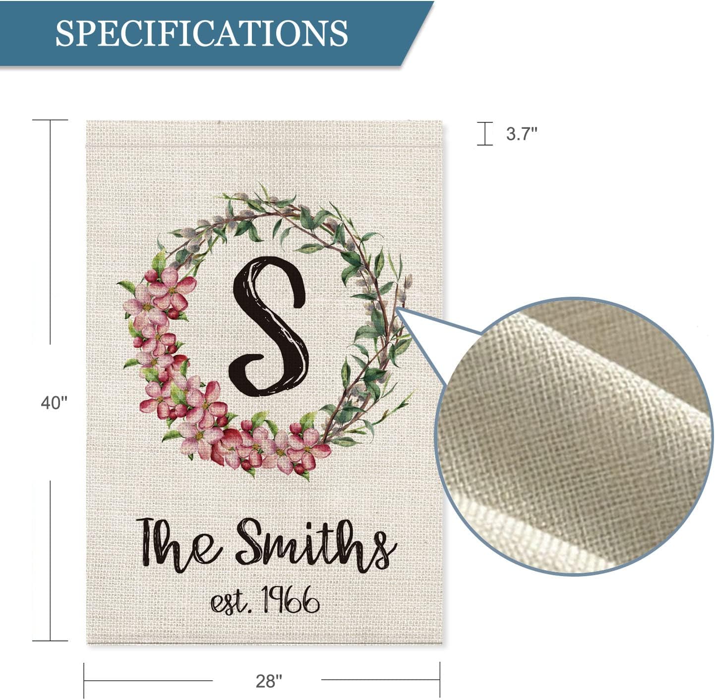 SMILE Personalized Spring House Flag, Summer Custom Monogram Initial Family Last Name Established Year Wreath And Leaves, Double Sided 28 x 40 Inch Rustic Farmhouse Burlap Yard Outdoor Decoration
