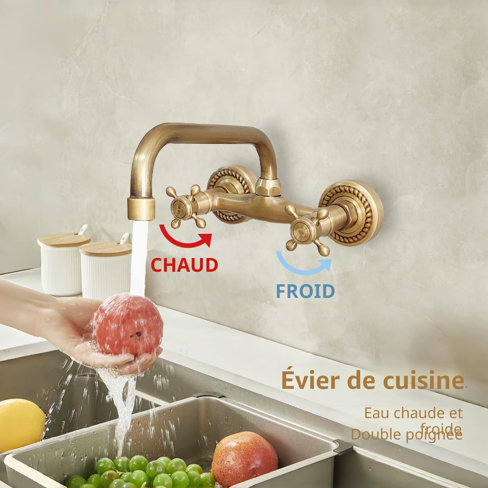 Robinet de Cuisine Mural à Deux Poignées Laiton Antique | Rétro mitigeur mélangeur d'évier murale, froide et chaude, pivotante à 180° bec de 24 cm, pour cuisine salle de bain