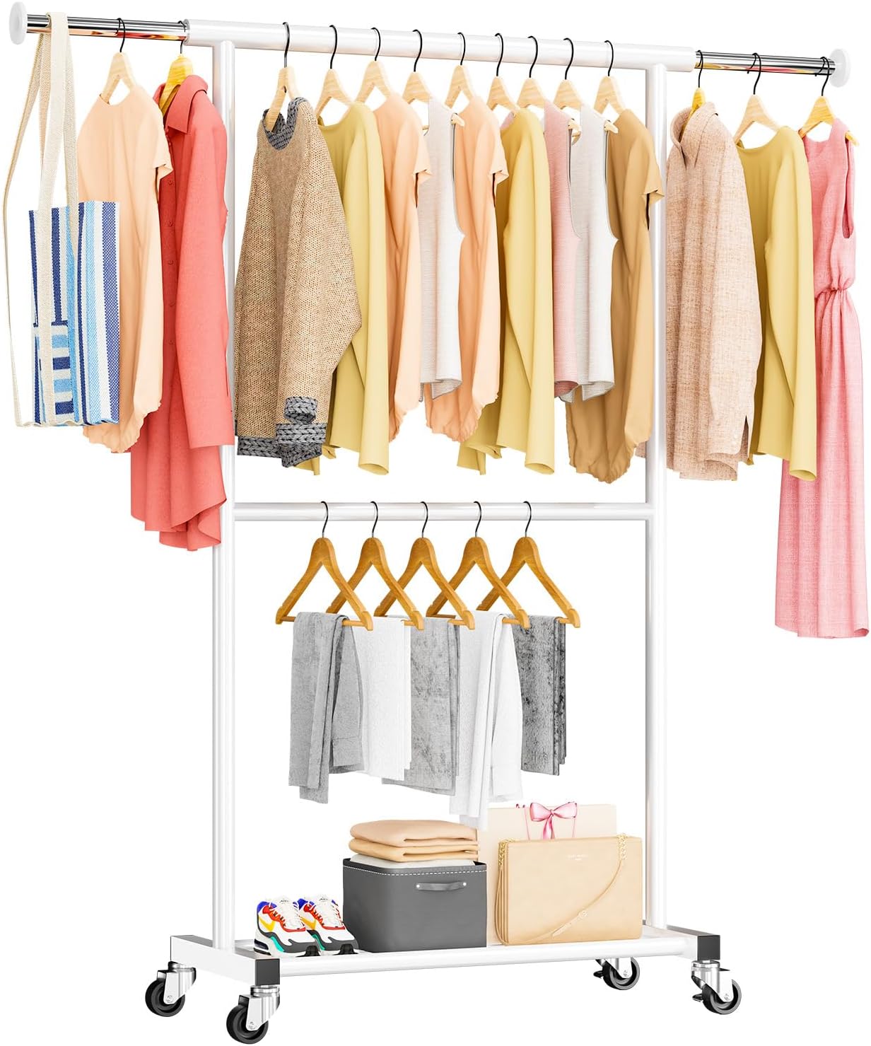 Clothes Rack - 35 to 50 Inch Expandable Rod Clothing Rack with Mesh Shelf & Casters, Heavy Duty Metal Garment Rack for Hanging Clothes, Load 150 LBS, White