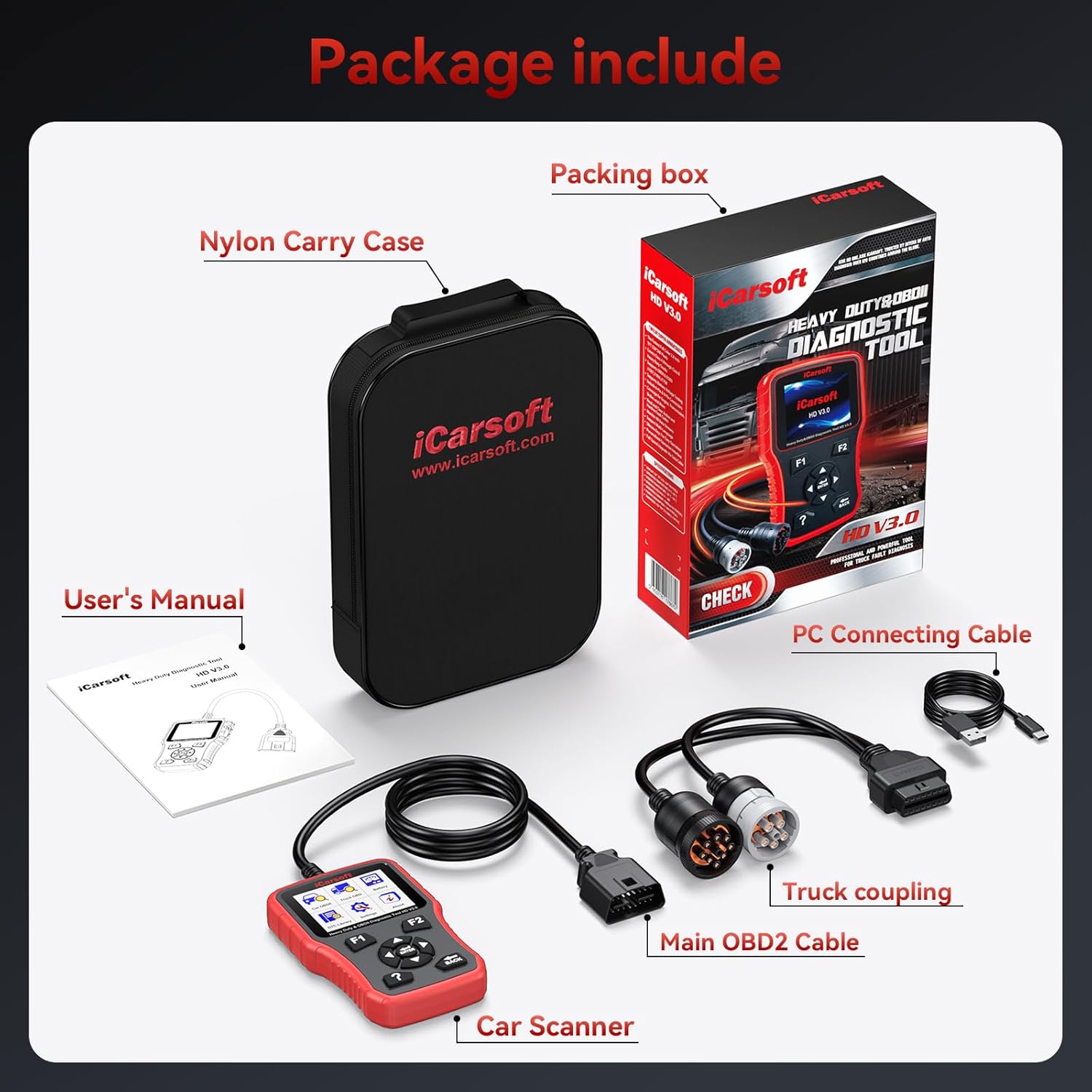 Heavy Duty Truck Scanner, iCarsoft HD V3.0 Multi-System OBD2 Diagnostic Scan Tool for Truck, Car, Mini Van, Light Duty Vehicle, Code Reader,Battery Test, Graphic Data Display-Red