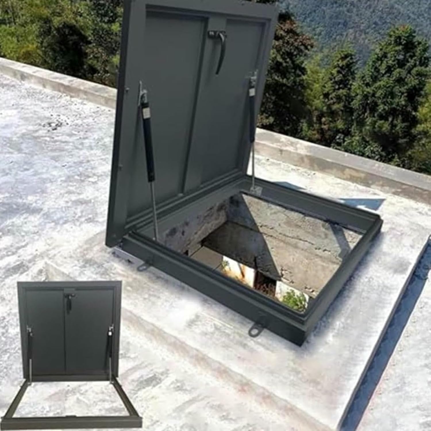 Roof Hatch Roof Access Hatch, Galvanized Powder Coated Steel Roof Hatch Deck Installation Roof Window Attic Basement Cellar Stairs Outlet Lid with Gas Shock Strut